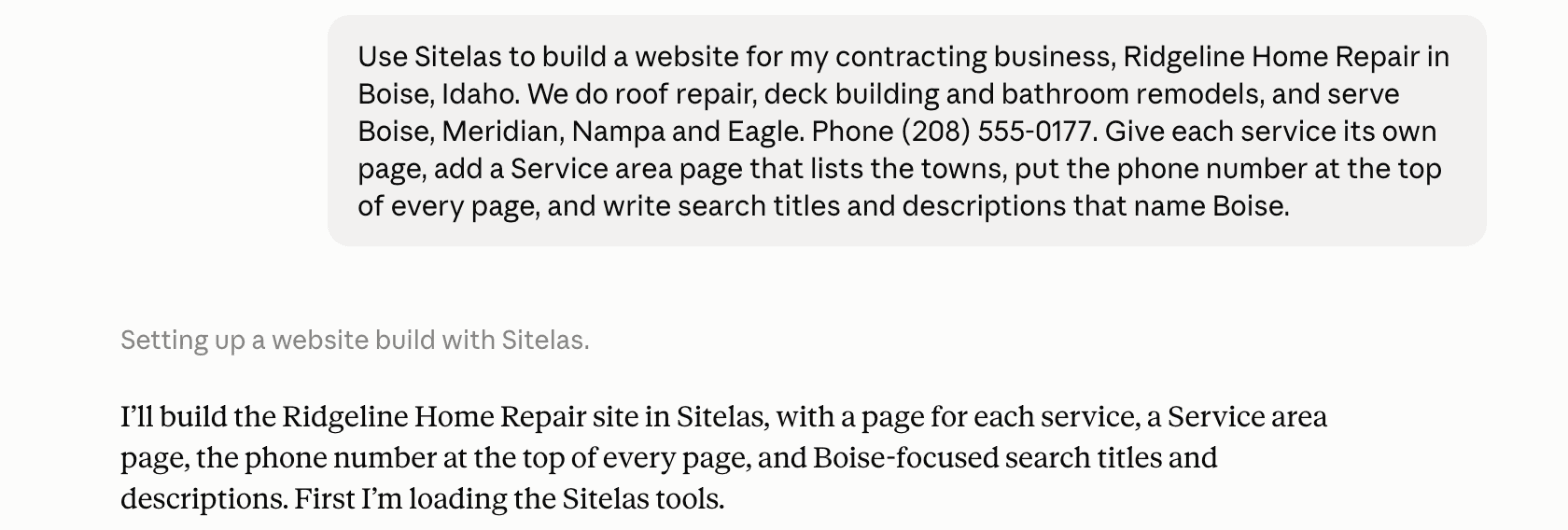 A claude.ai chat: a message asking Sitelas to build a website for Ridgeline Home Repair in Boise, with a page per service, a Service area page, the phone number at the top of every page and search titles that name Boise