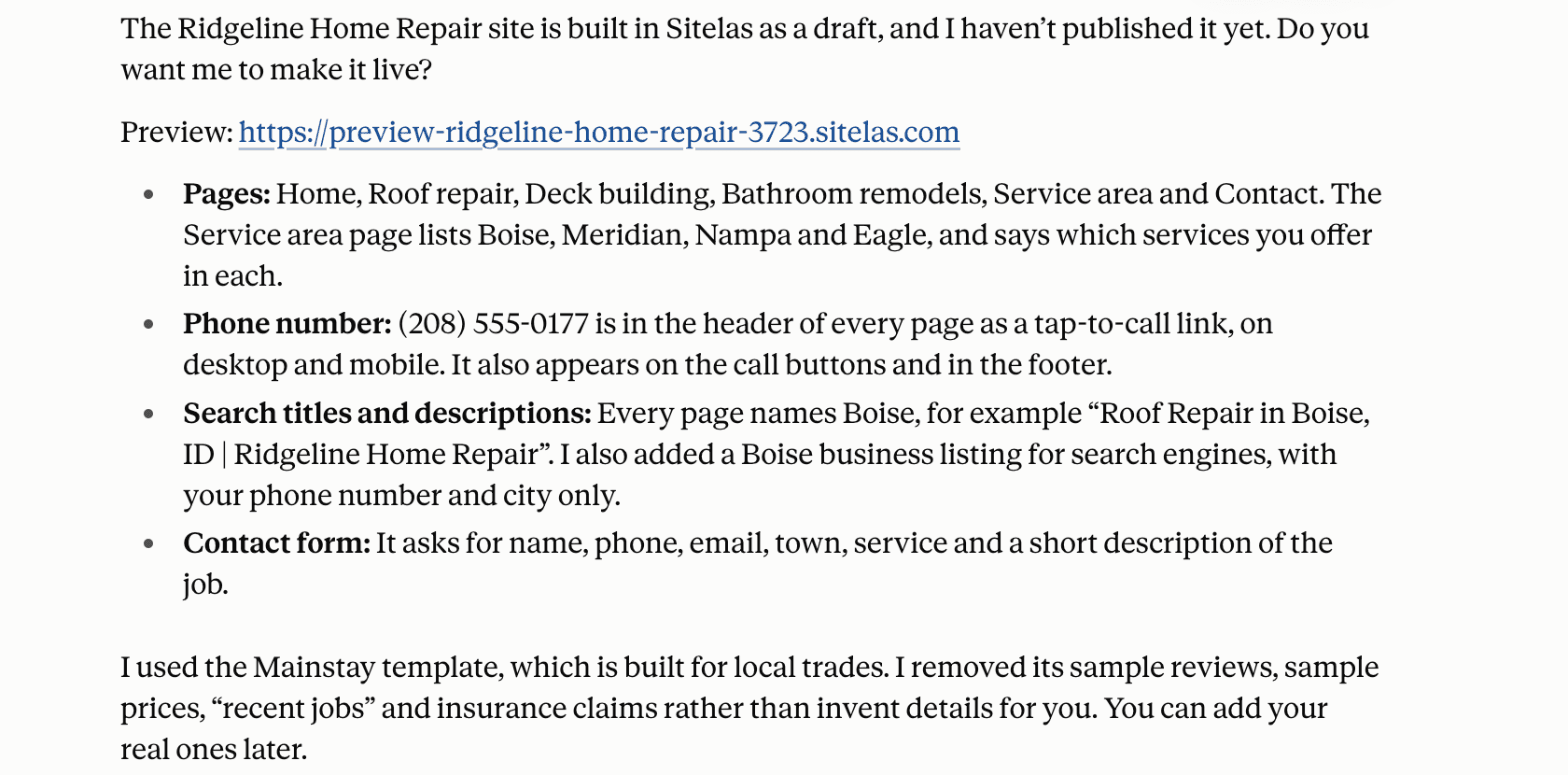 Claude's reply: the site is a draft with a preview link, six pages, the phone number in every header, search titles like "Roof Repair in Boise, ID | Ridgeline Home Repair", a business listing for search engines, and sample reviews and prices removed rather than invented