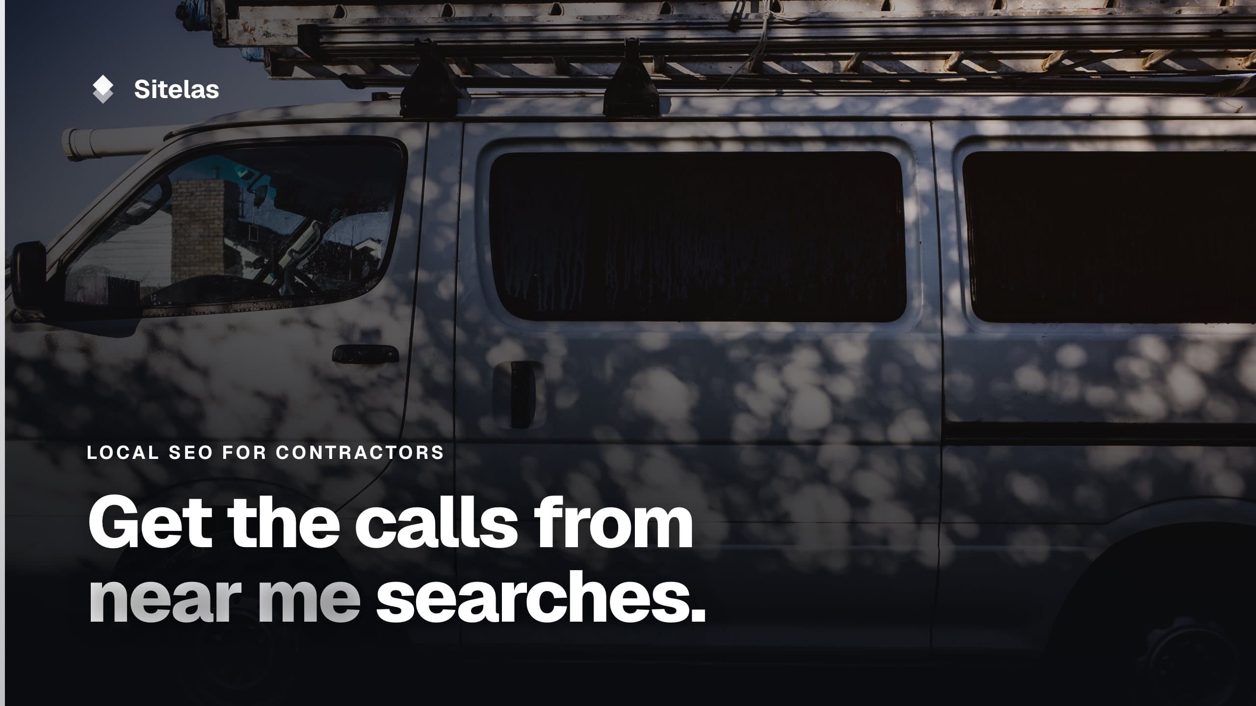 Cover: a white work van with a ladder on its roof in dappled shade, with the headline "Get the calls from near me searches."