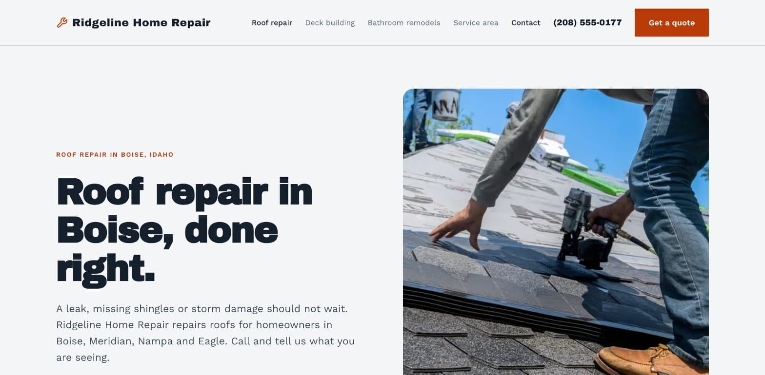 The Ridgeline Home Repair roof repair page: "Roof repair in Boise, done right.", the towns served, a Call (208) 555-0177 button, and the phone number in the menu