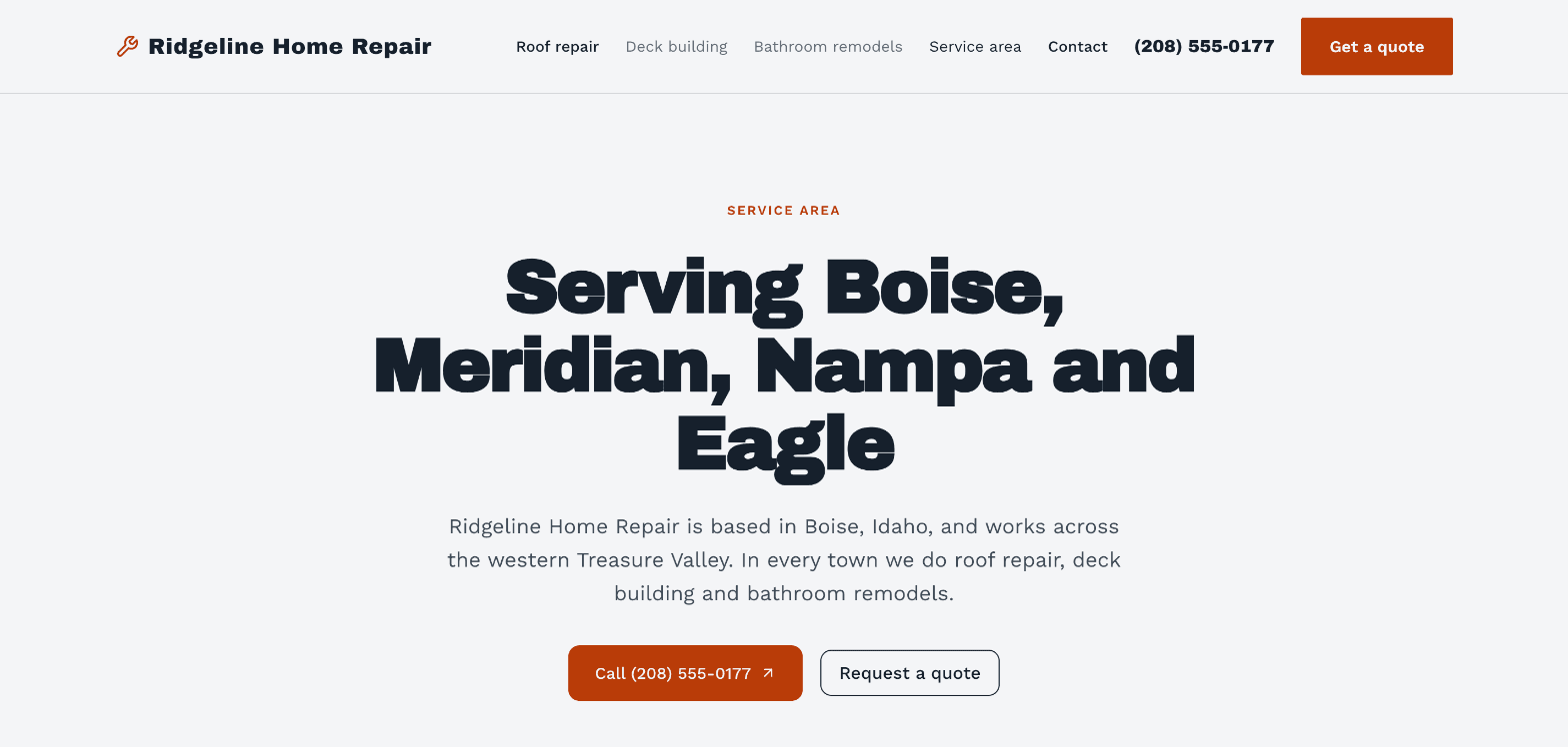The Ridgeline Home Repair service area page: "Serving Boise, Meridian, Nampa and Eagle", with call and quote buttons