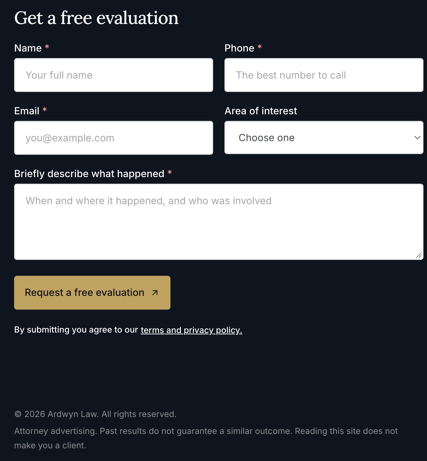 A free case evaluation form on a phone: name, phone, email, area of interest and a box to briefly describe what happened, with a Request a free evaluation button and a footer that reads attorney advertising, past results do not guarantee a similar outcome