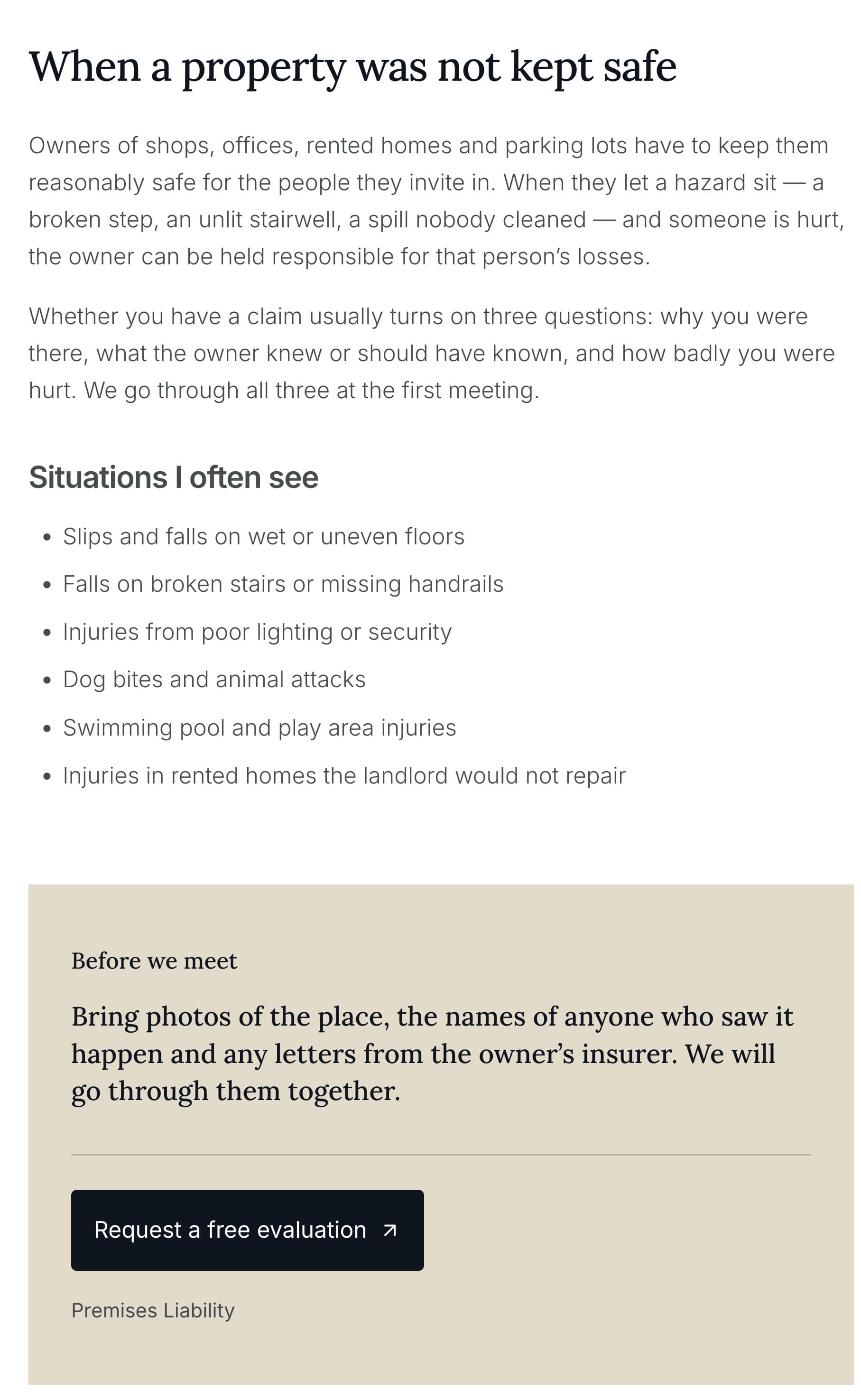 A personal injury firm's Premises Liability page on a phone: a plain explanation of when a property owner can be responsible, a list of situations such as slips on wet floors, falls on broken stairs and dog bites, and a box asking the client to bring photos of the place and the names of witnesses to the first meeting