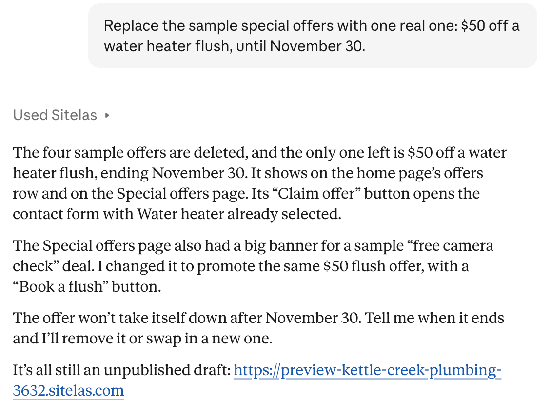 A claude.ai chat: the owner asks to replace the sample special offers with one real one, $50 off a water heater flush until November 30. Claude replies that the four sample offers are deleted, the flush offer shows on the home page and the Special offers page, its Claim offer button opens the contact form with Water heater selected, and the offer will not take itself down after November 30