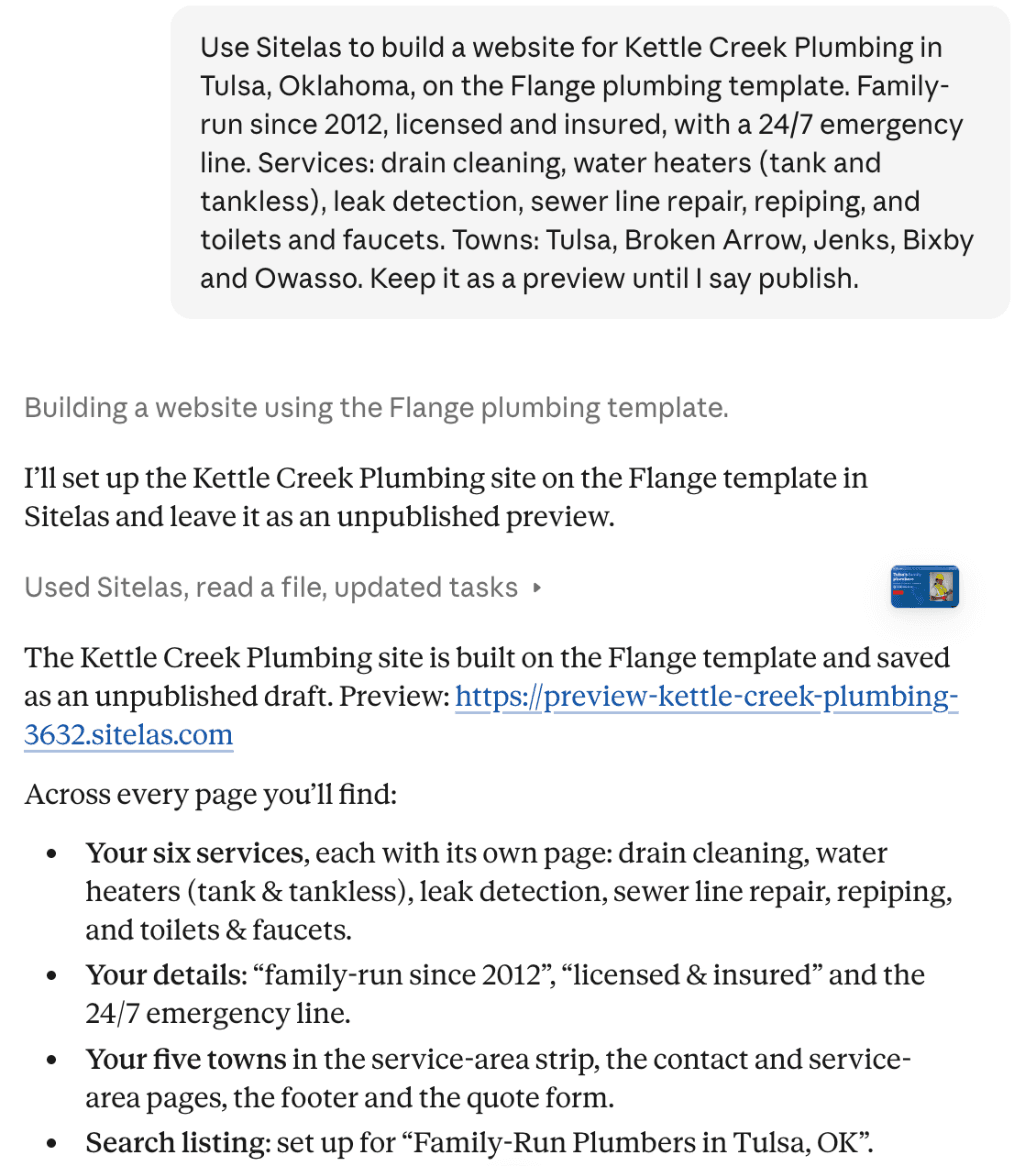 A claude.ai chat: the request to build a website for Kettle Creek Plumbing in Tulsa on the Flange plumbing template, with its services and towns, kept as a preview. Claude replies that the site is built as an unpublished draft and lists six service pages, the family-run, licensed and 24/7 details, the five towns and the search listing