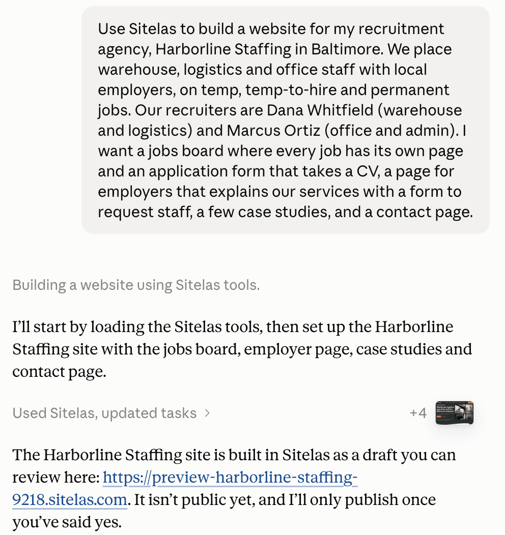 A claude.ai chat: the message describing Harborline Staffing, then Claude saying the site is built as a draft with a private preview link