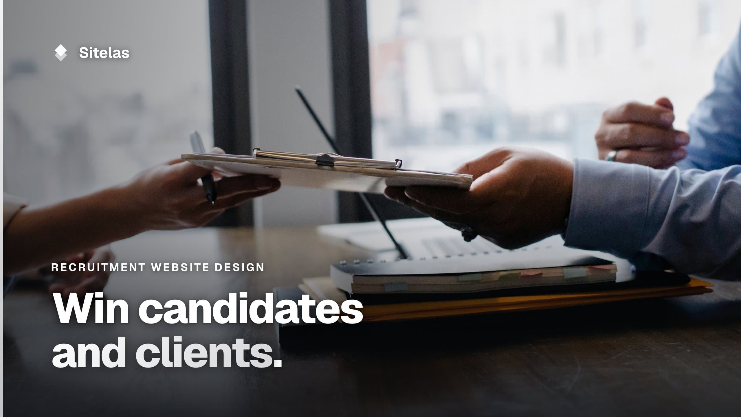 Cover: a job candidate handing a CV across a desk to a recruiter, with the headline "Win candidates and clients."