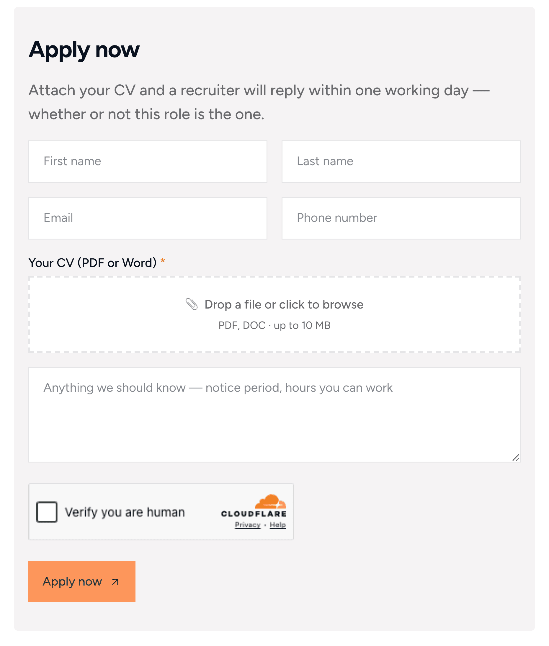 The Apply now form on a Harborline job page: first name, last name, email, phone, a required CV upload that takes PDF or Word files, a notes box and an Apply now button