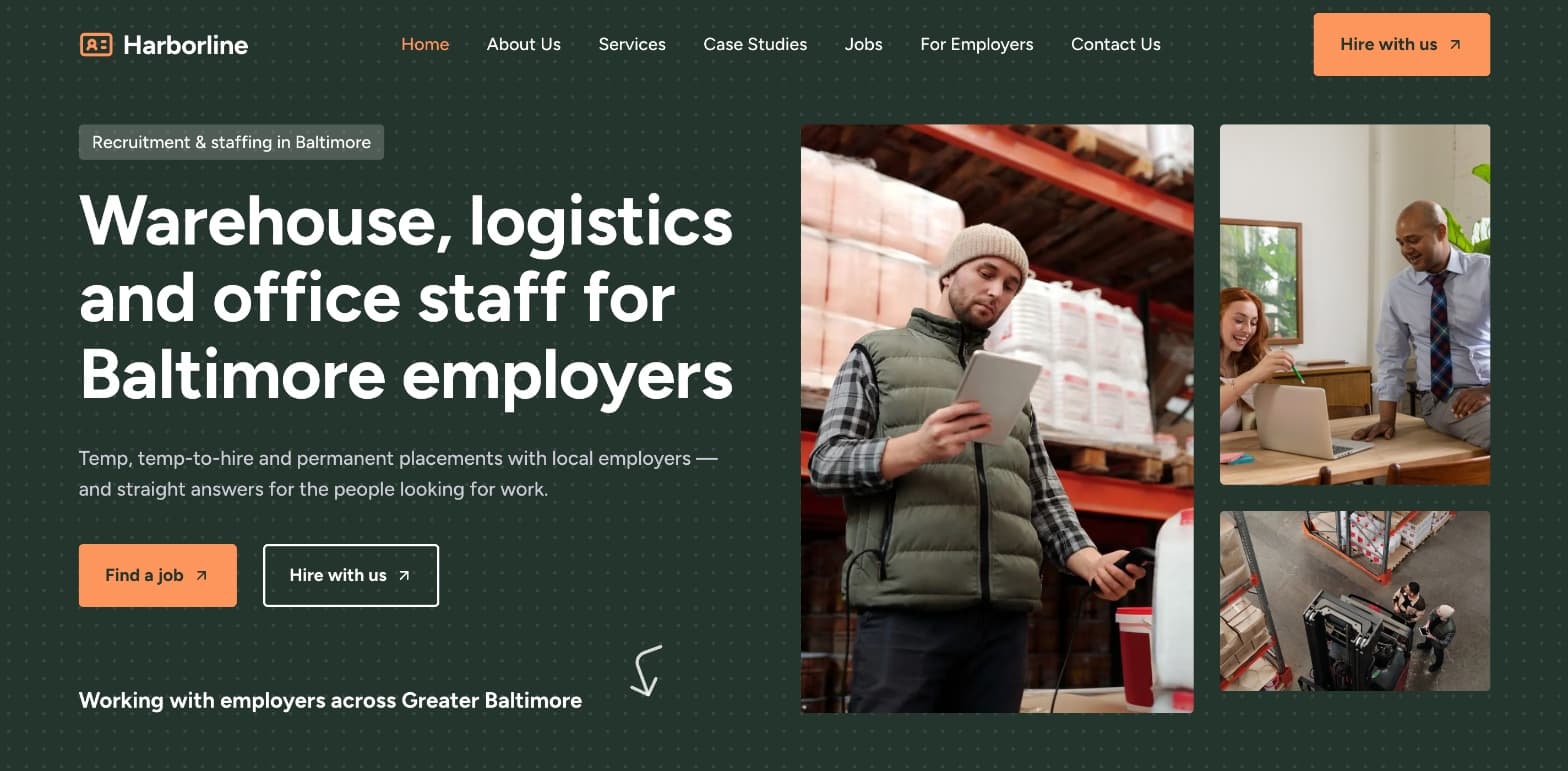 The home page of Harborline Staffing, a demo agency site: the headline "Warehouse, logistics and office staff for Baltimore employers", a Find a job button and a Hire with us button, beside photos of warehouse and office work