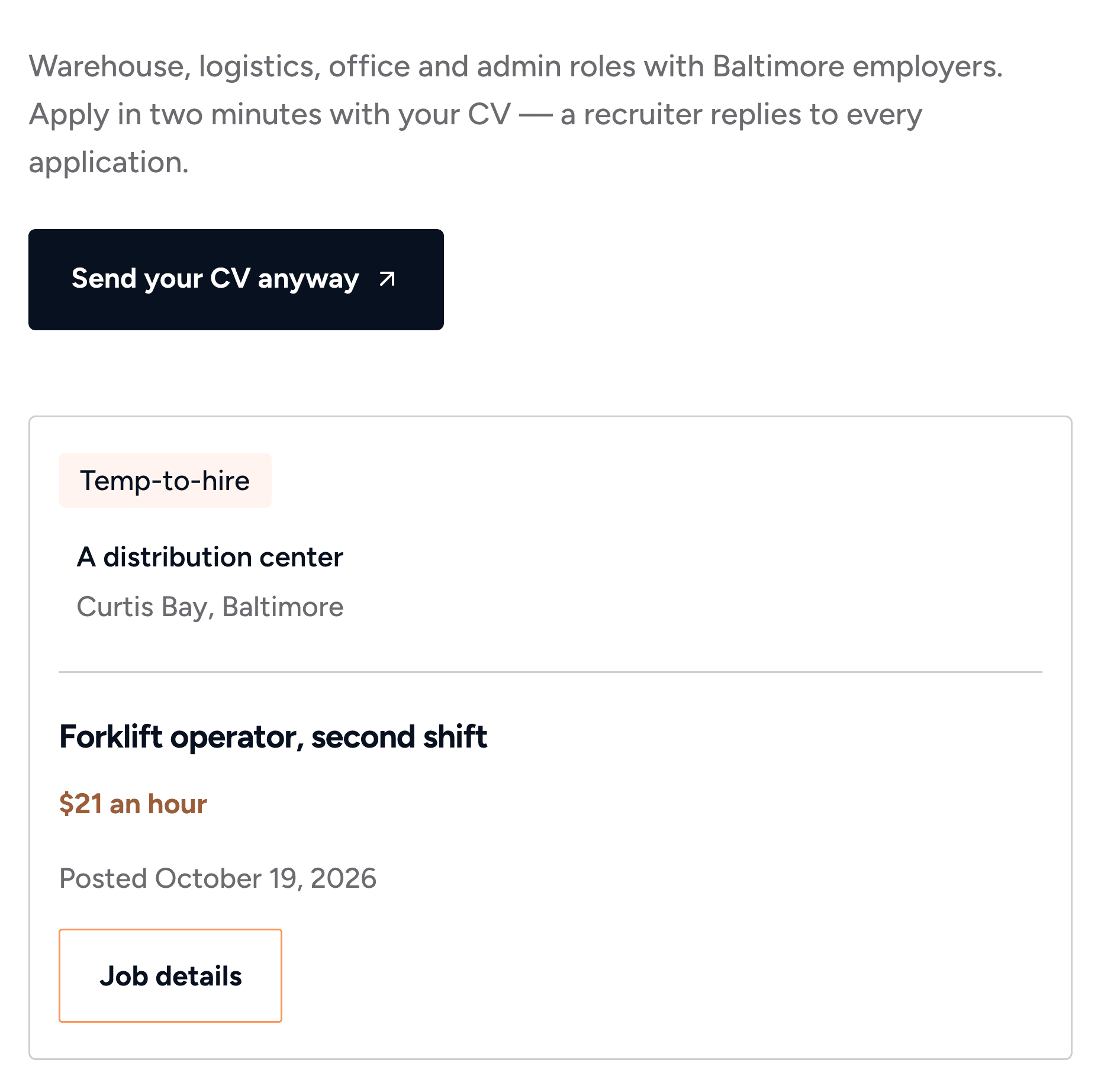 A job card on the Harborline jobs board: a Temp-to-hire tag, "A distribution center, Curtis Bay, Baltimore", the title "Forklift operator, second shift", "$21 an hour", the date posted and a Job details button