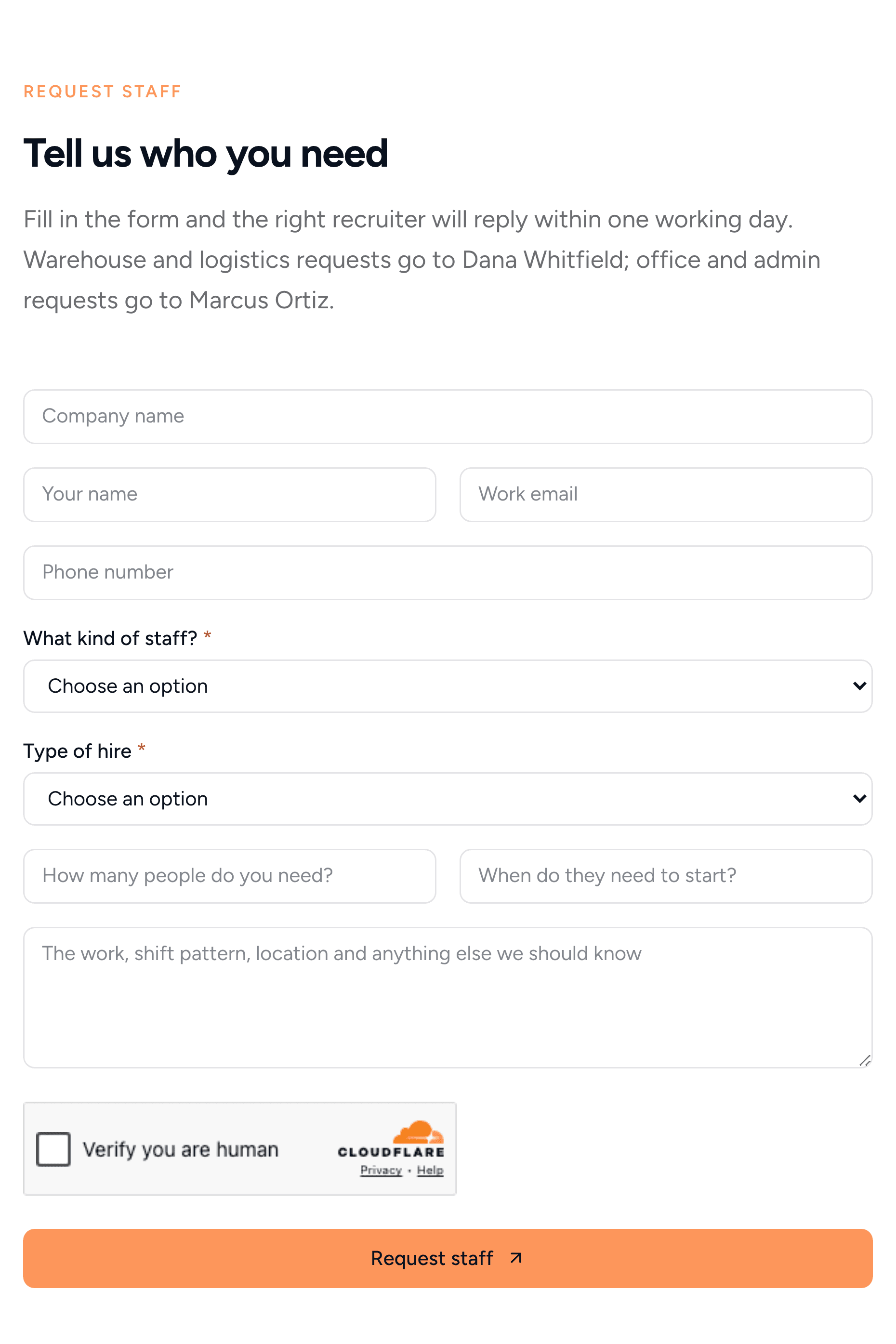 The Request staff form on the Harborline employers page: company name, name, work email, phone, What kind of staff and Type of hire menus, how many people, a start date, a notes box and a Request staff button