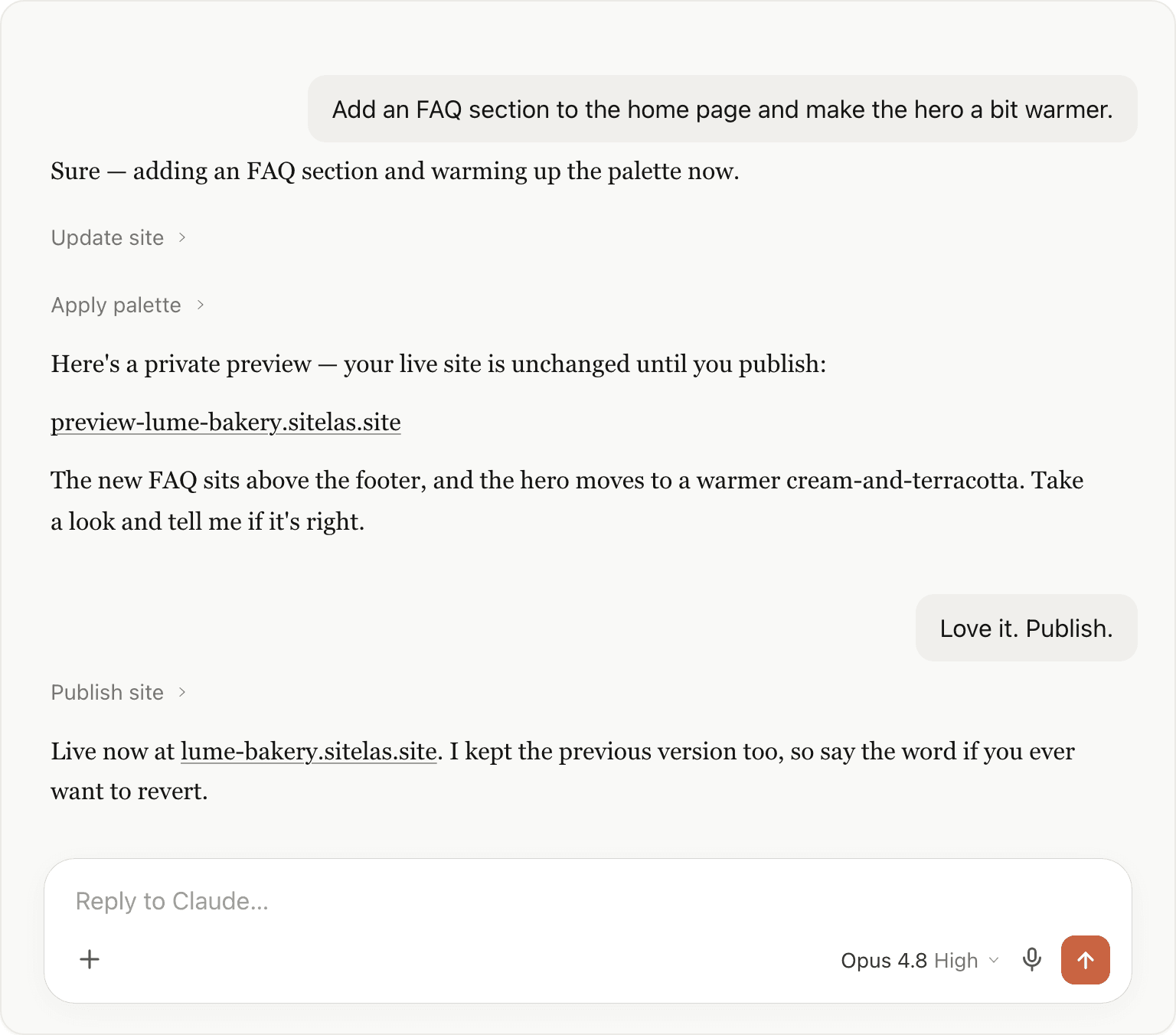 Claude adding a section and restyling the site, returning a private preview URL, then publishing only after you say go.