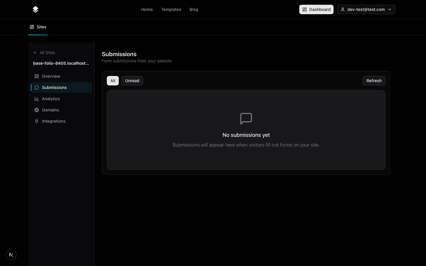 The Submissions inbox in the Sitelas dashboard, where every form entry lands.