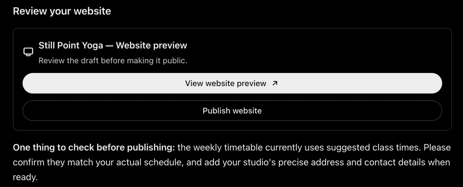 ChatGPT's "Review your website" card for Still Point Yoga, with View website preview and Publish website buttons, and a note to confirm the suggested class times before publishing.