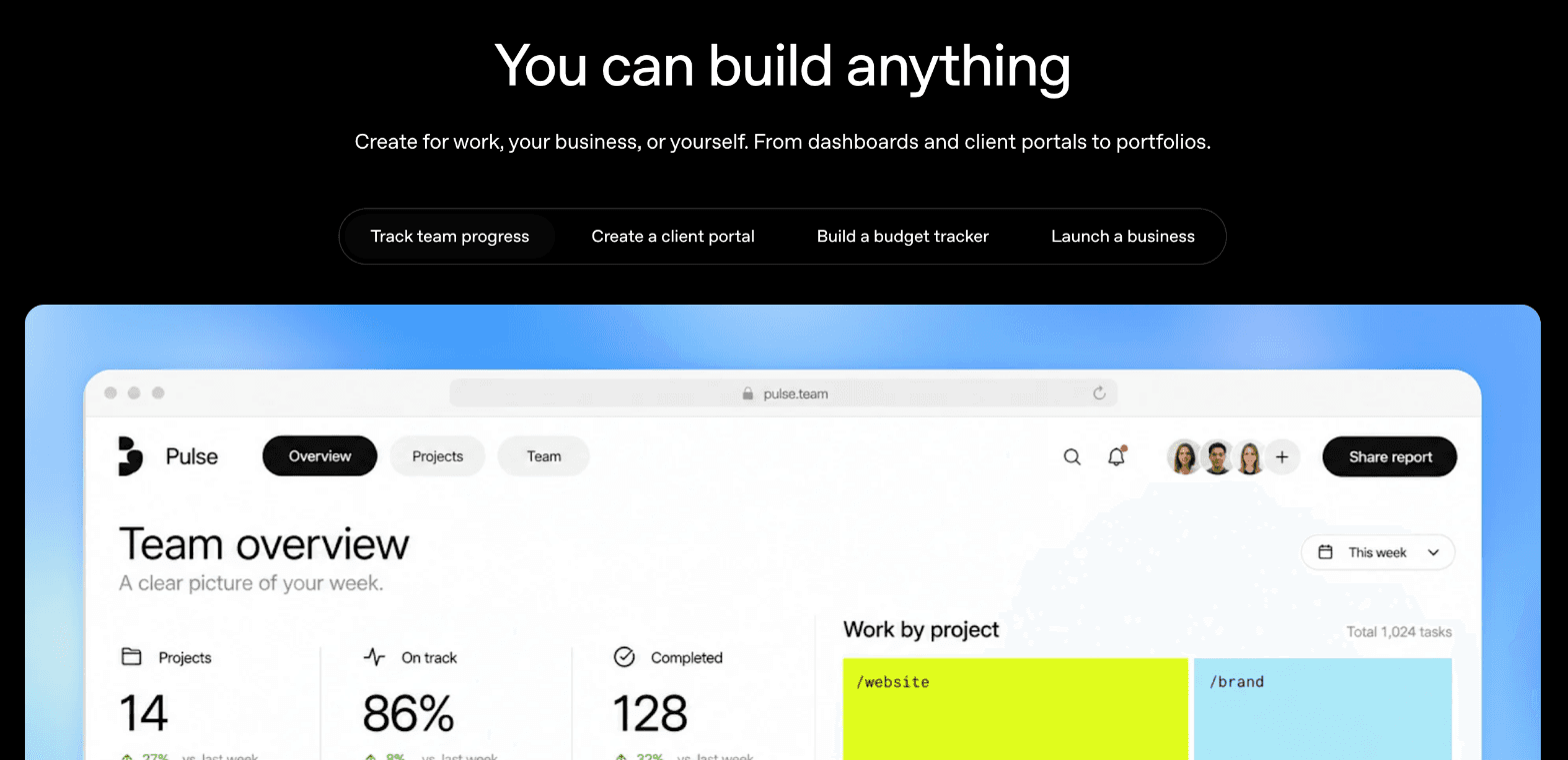 The "You can build anything" section of the ChatGPT Sites page, with tabs for Track team progress, Create a client portal, Build a budget tracker and Launch a business, above a team dashboard called Pulse.