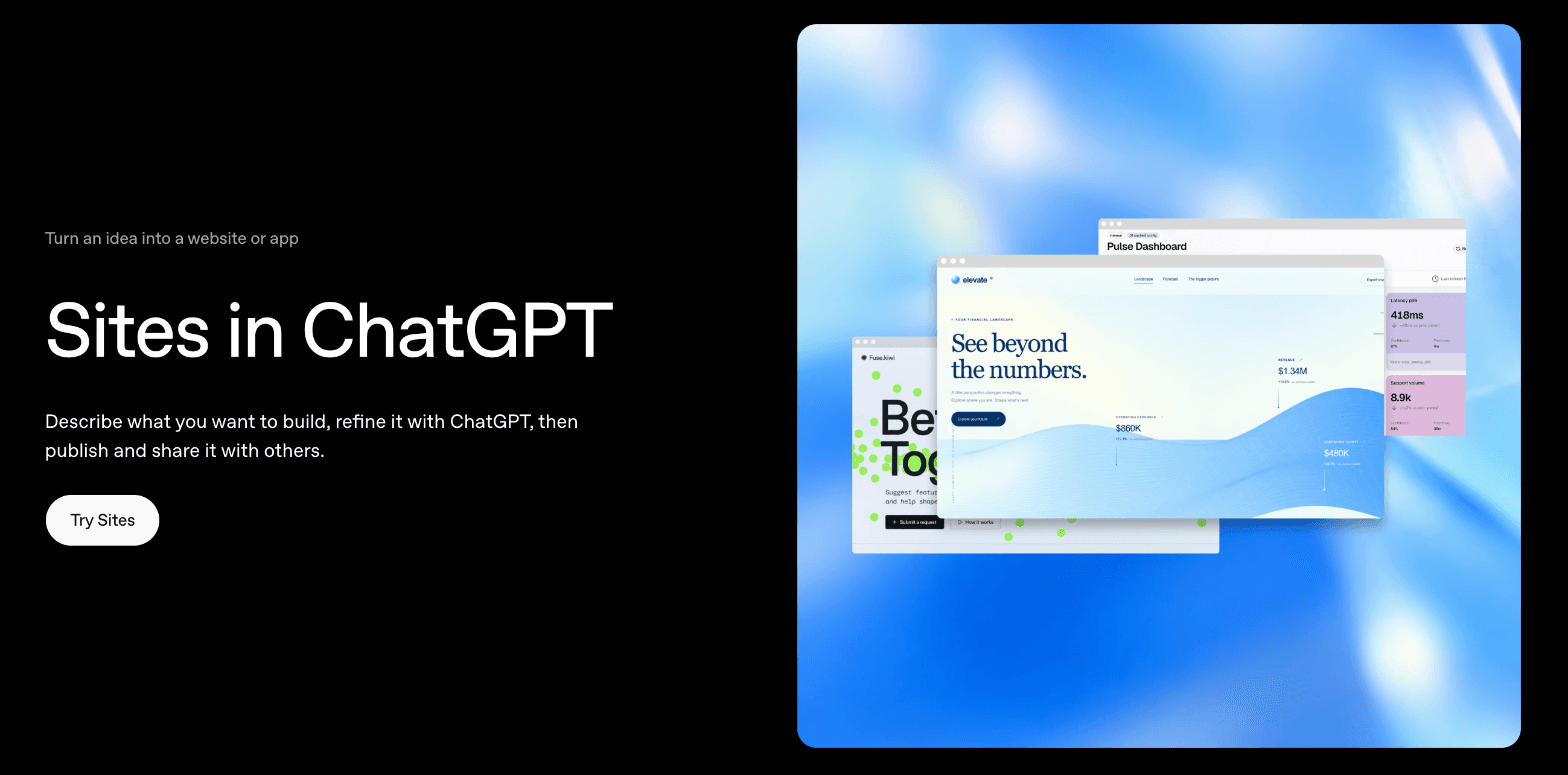 OpenAI's ChatGPT Sites page, headed "Sites in ChatGPT": describe what you want to build, refine it with ChatGPT, then publish and share it with others.