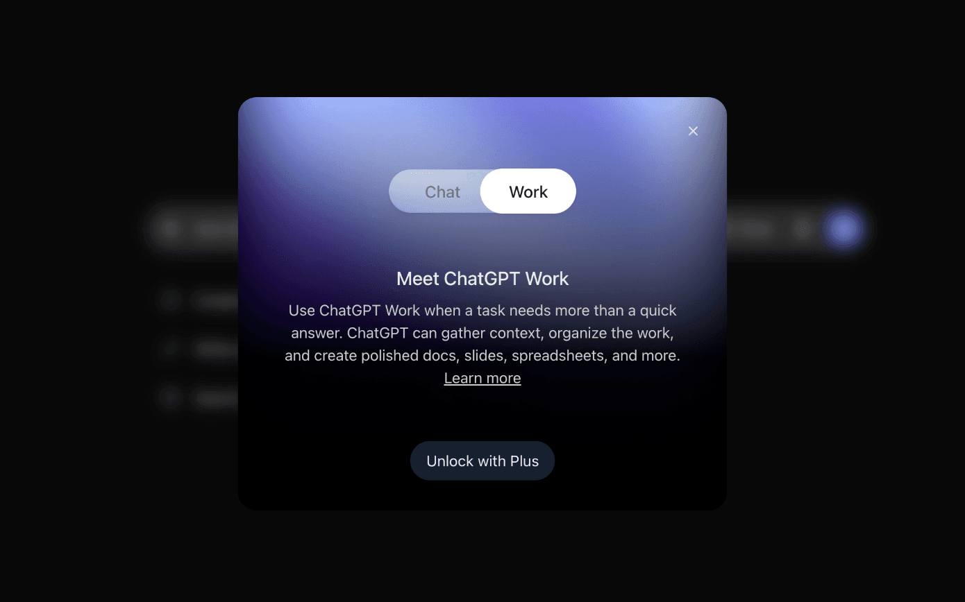 ChatGPT's "Meet ChatGPT Work" panel on a free account, describing Work mode, with an "Unlock with Plus" button.