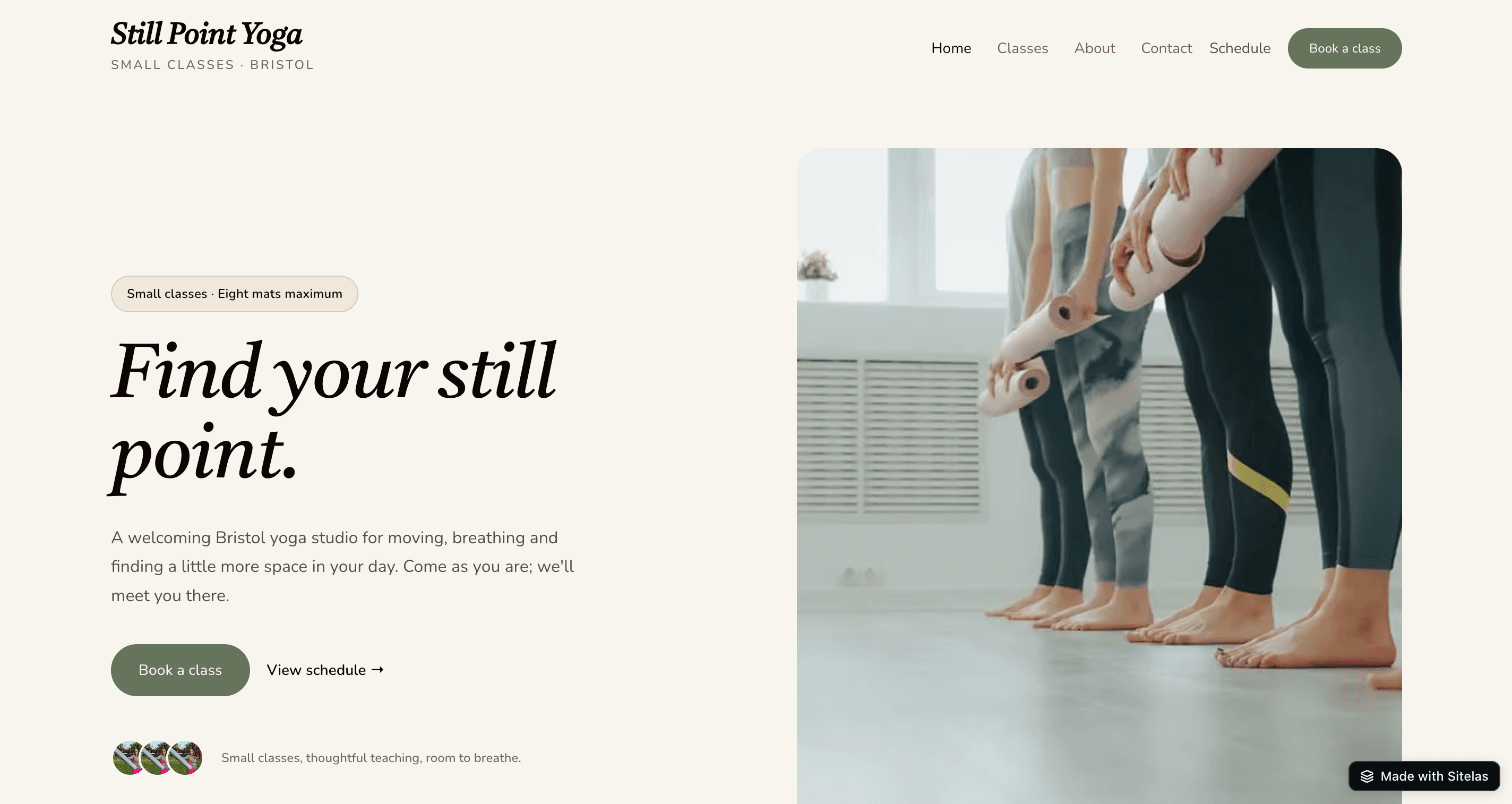 The Still Point Yoga home page: the headline "Find your still point.", a line about a welcoming Bristol studio, a Book a class button, and a photo of people holding rolled yoga mats.