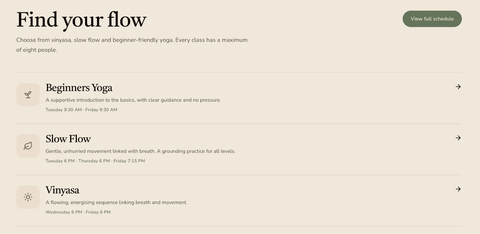 The "Find your flow" section of the Still Point Yoga site, listing Beginners Yoga, Slow Flow and Vinyasa with a short description and class times for each.
