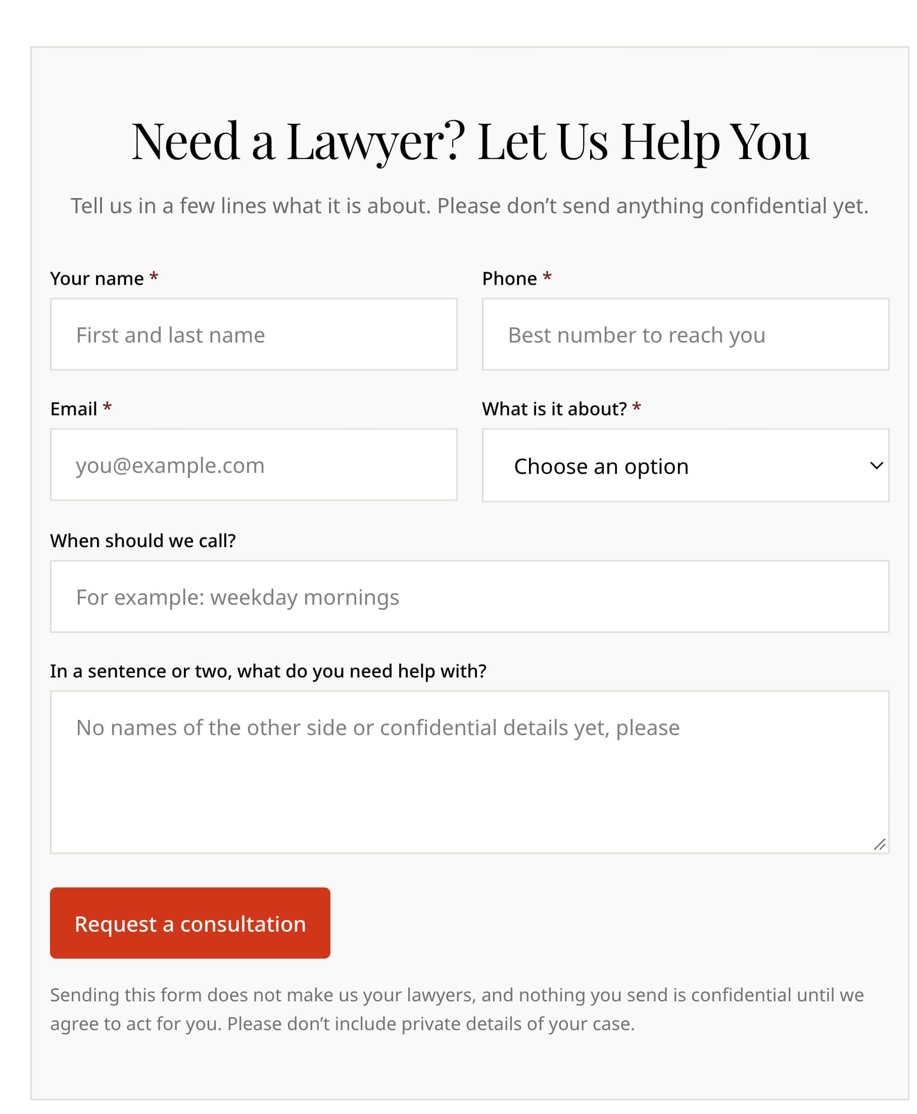 The consultation form on the Family Law page: name, phone, email, what it is about, when to call and a short note, a Request a consultation button, and a notice that sending the form does not make the firm your lawyers and nothing is confidential until they agree to act for you
