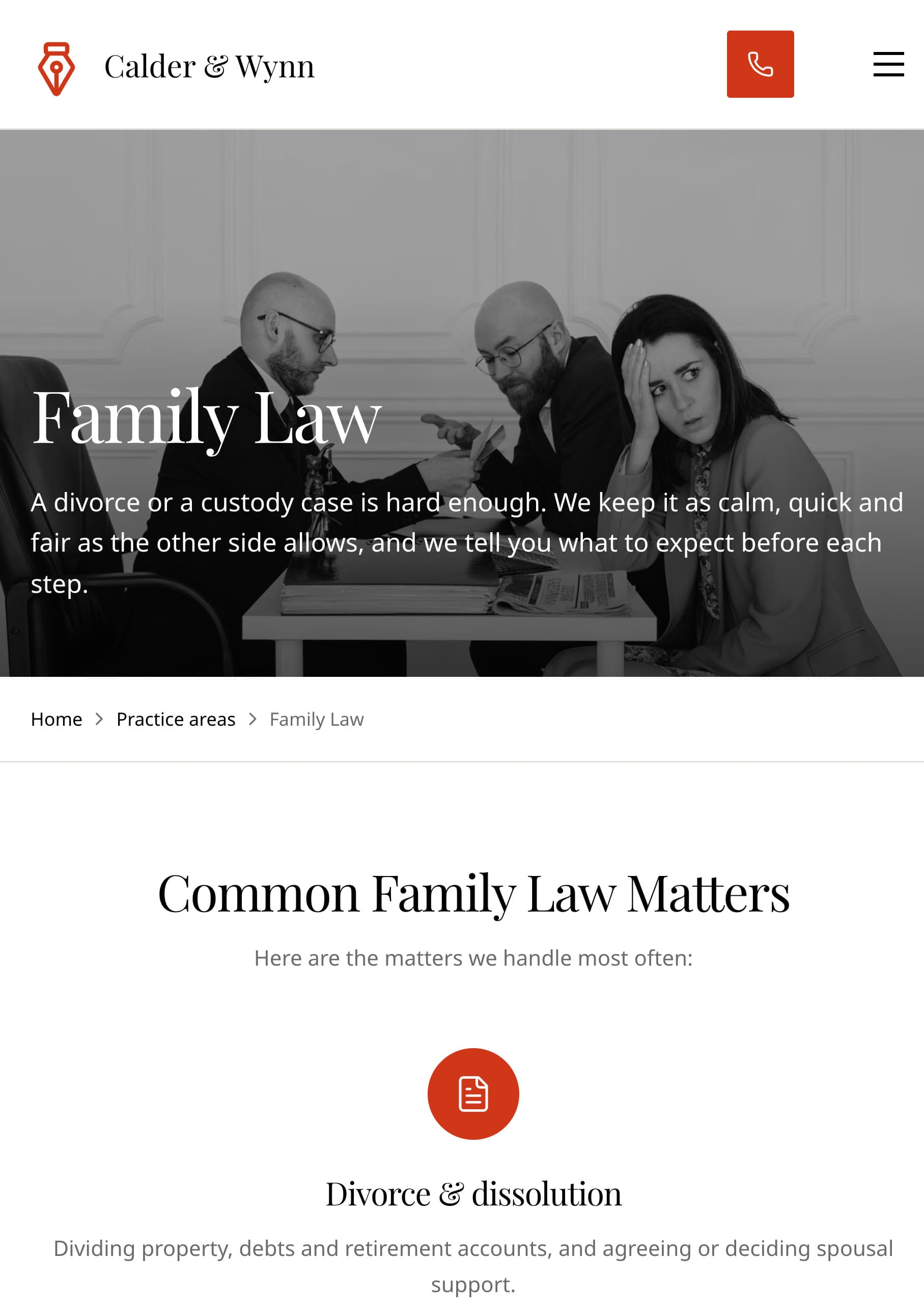 The Family Law page on a phone: a short intro about keeping a divorce or custody case calm, then Common Family Law Matters listing divorce and dissolution, and custody and parenting time