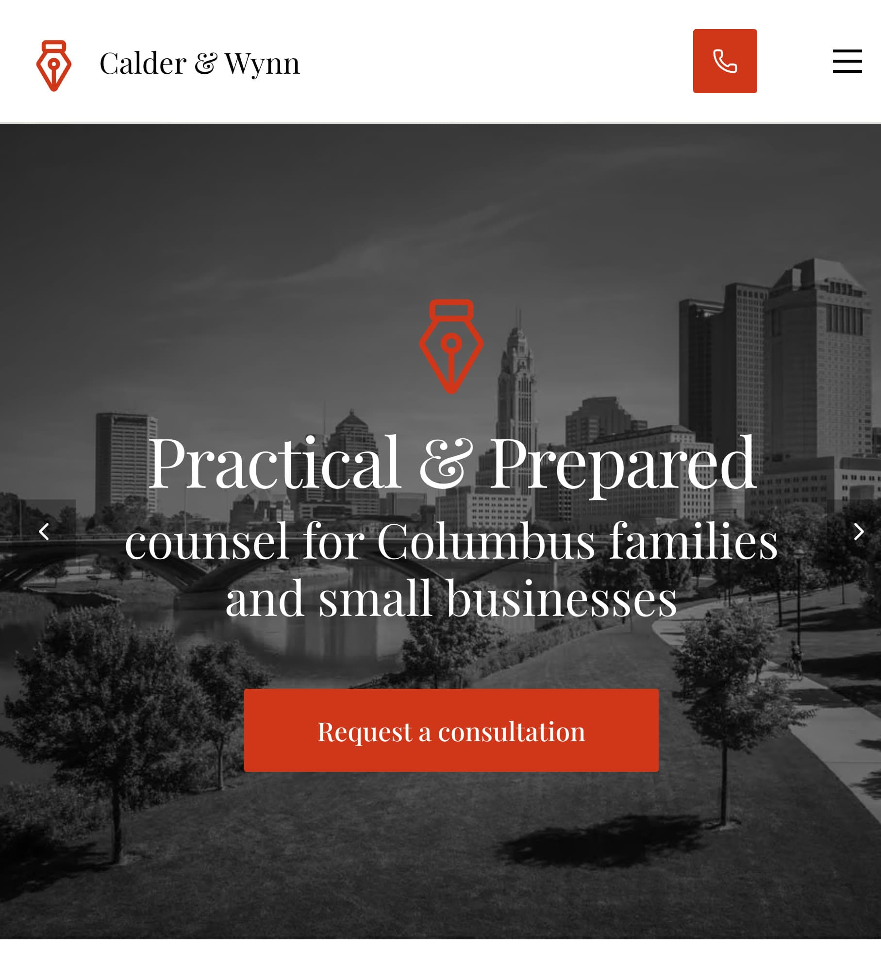 The Calder & Wynn home page on a phone: the headline "Practical & Prepared counsel for Columbus families and small businesses" over a black-and-white Columbus skyline, a Request a consultation button, and a tap-to-call button in the header