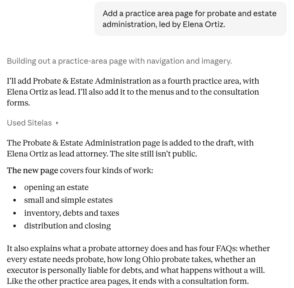 A claude.ai chat: the message "Add a practice area page for probate and estate administration, led by Elena Ortiz." Claude replies that the page is added to the draft and covers opening an estate, small estates, inventory and debts, and distribution, with four FAQs and a consultation form