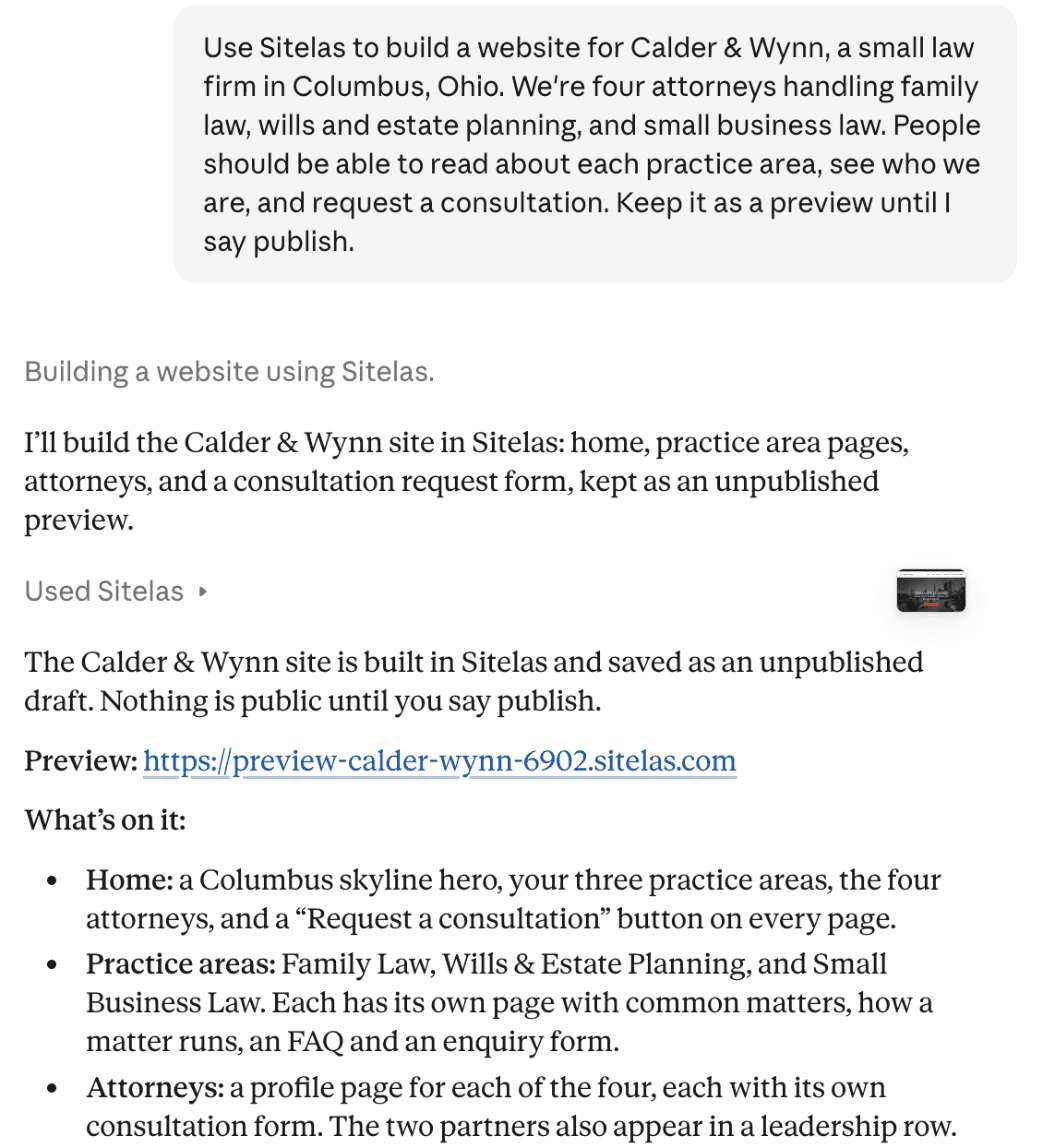 A claude.ai chat: the request to build a website for Calder & Wynn, a four-attorney Columbus law firm handling family law, wills and estate planning, and small business law, kept as a preview. Claude replies that the site is saved as an unpublished draft and lists the home page, three practice area pages and a profile for each attorney