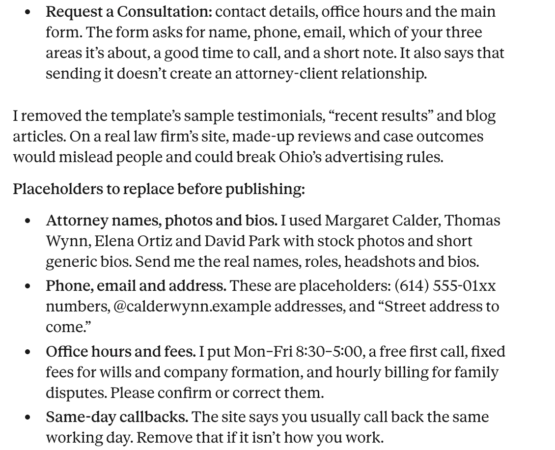 Claude's reply: it removed the template's sample testimonials, recent results and blog articles because made-up reviews and case outcomes would mislead people and could break Ohio's advertising rules, then lists the attorney names, phone numbers, address, office hours and fees to replace before publishing