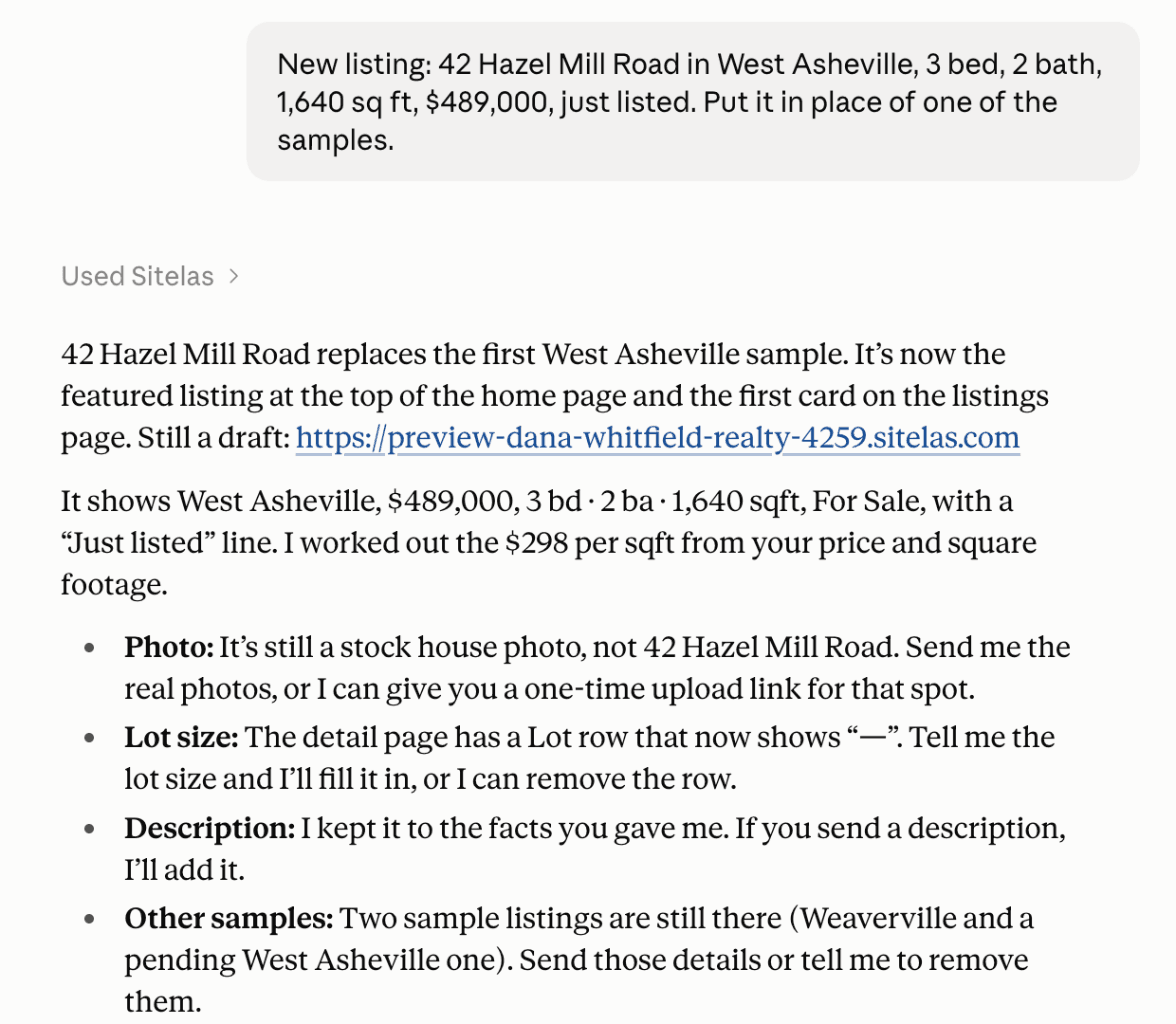A claude.ai chat: the message "New listing: 42 Hazel Mill Road in West Asheville, 3 bed, 2 bath, 1,640 sq ft, $489,000, just listed. Put it in place of one of the samples." Claude replies that it replaced the first sample, made it the featured listing, worked out $298 per square foot, and asks for real photos and the lot size