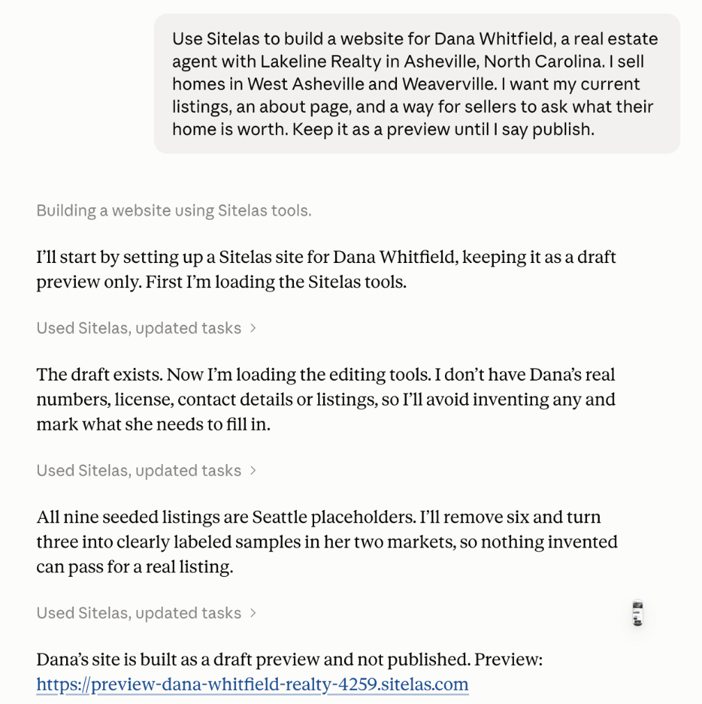 A claude.ai chat: the request to build a website for Dana Whitfield, a real estate agent with Lakeline Realty in Asheville selling in West Asheville and Weaverville, with listings, an about page and a home value request, kept as a preview. Claude says it has no real listings or contact details so it won't invent any, turns the template's sample listings into clearly labeled samples, and shares the preview link