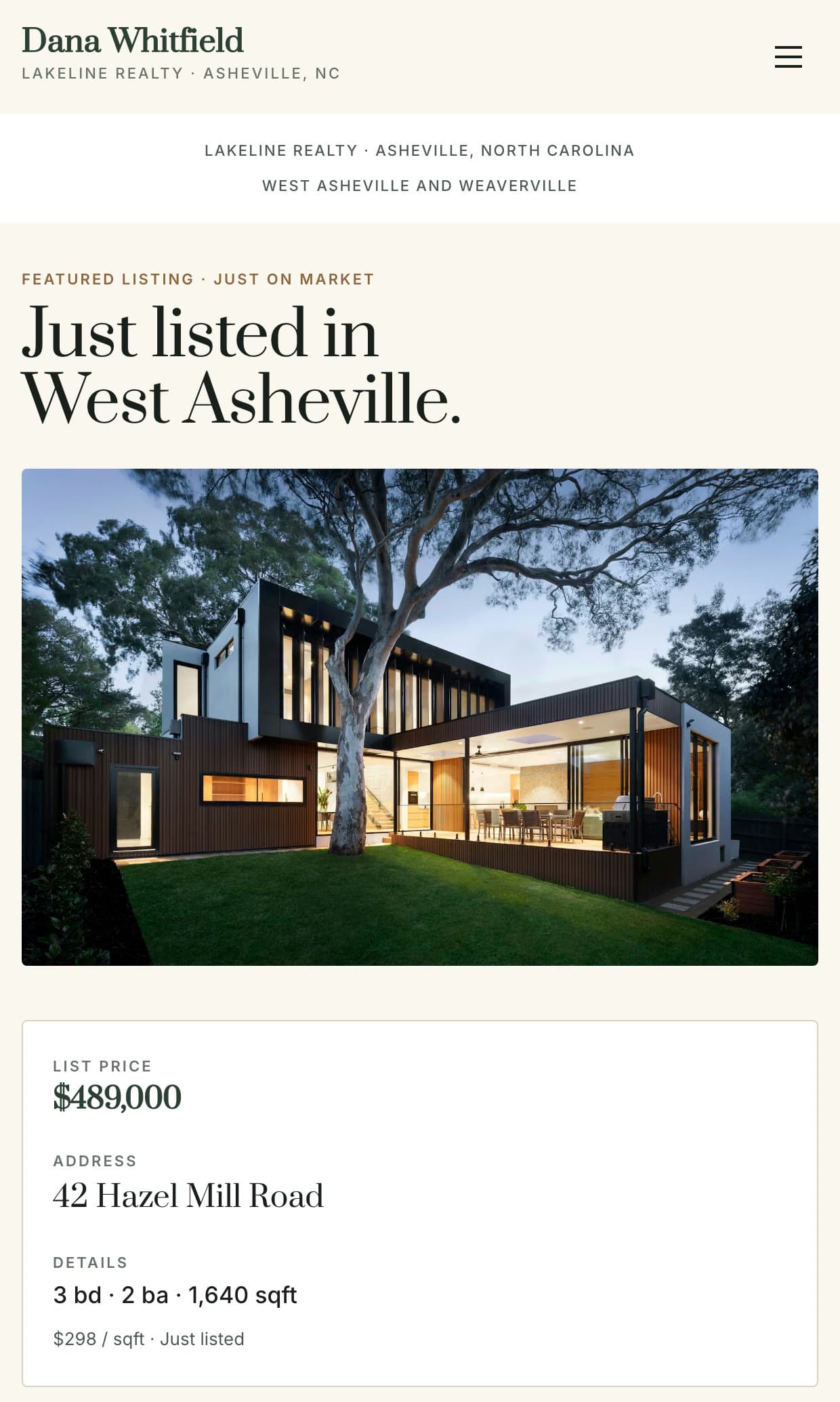 The Dana Whitfield home page on a phone: "Just listed in West Asheville", a house photo, and a card with list price $489,000, address 42 Hazel Mill Road, and 3 bd, 2 ba, 1,640 sqft