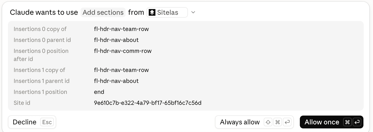 A Claude approval card: "Claude wants to use Add sections from Sitelas", the details of the change, and Decline, Always allow and Allow once buttons