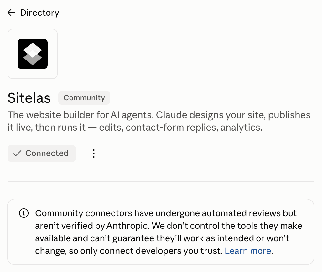 The Sitelas page in Claude's connector directory: the Community label, a Connected button, and a notice that community connectors have had automated reviews but aren't verified by Anthropic