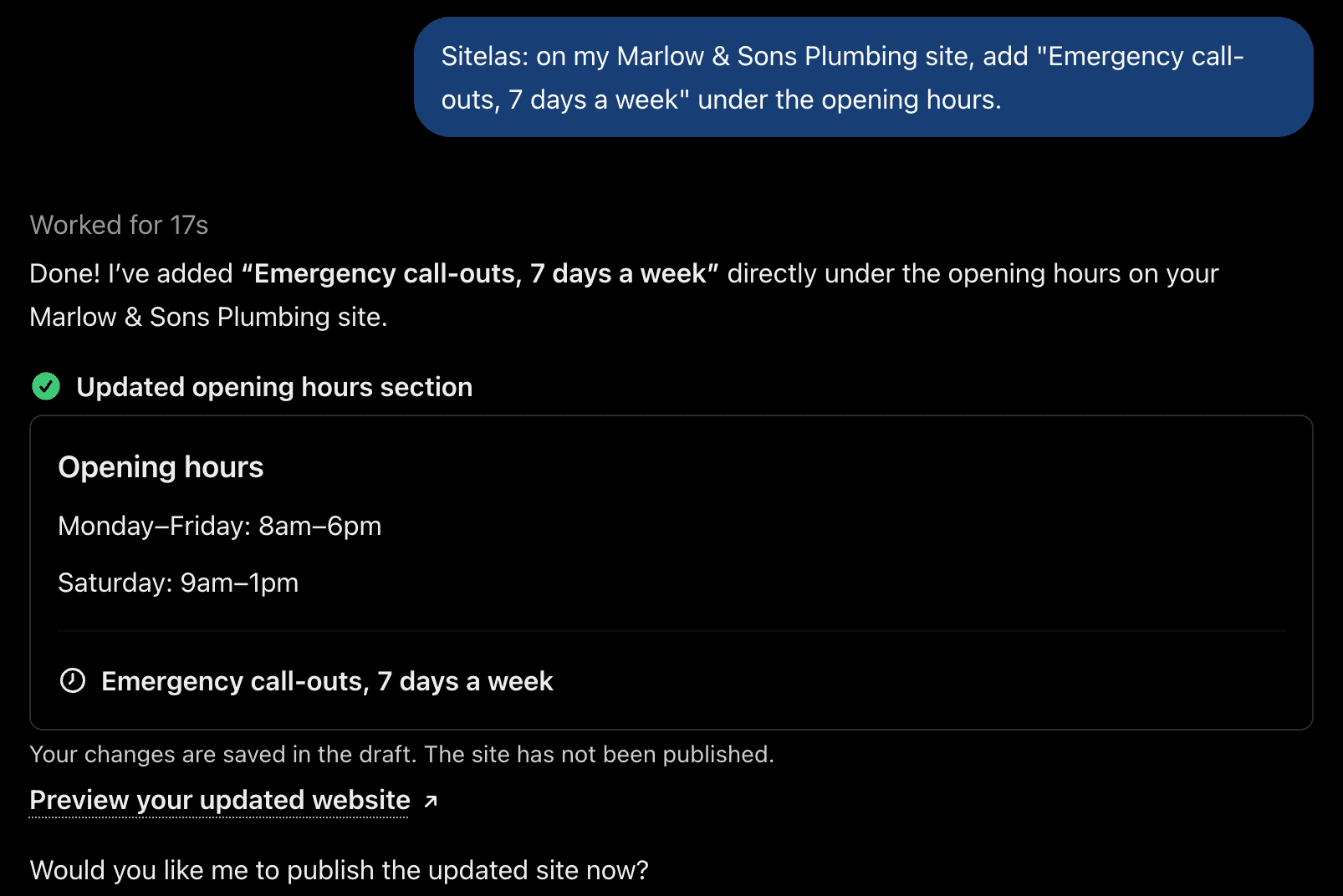 A ChatGPT chat: the owner asks to add "Emergency call-outs, 7 days a week" under the opening hours, and ChatGPT confirms and links to a preview.