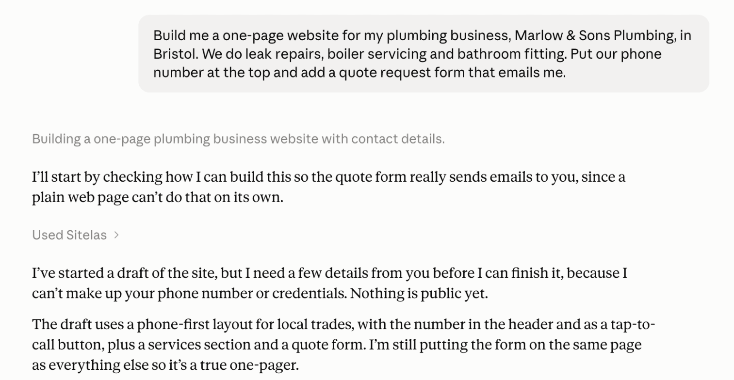 A Claude chat: the owner asks for a one-page plumbing website, and Claude starts a draft and asks for the phone number and email it shouldn't make up.
