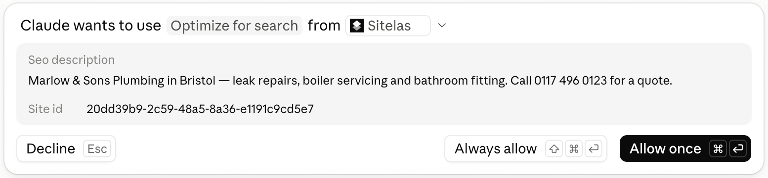 Claude asking permission to change the site's search description, showing the new wording, with Decline, Always allow and Allow once buttons.