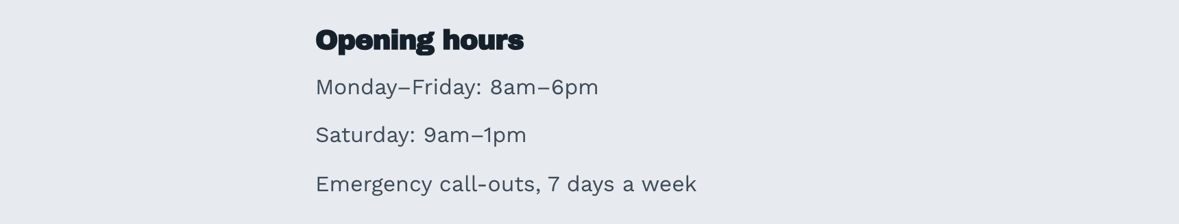 The updated opening hours section on the Marlow & Sons site, with Monday to Friday, Saturday, and emergency call-outs listed on separate lines.
