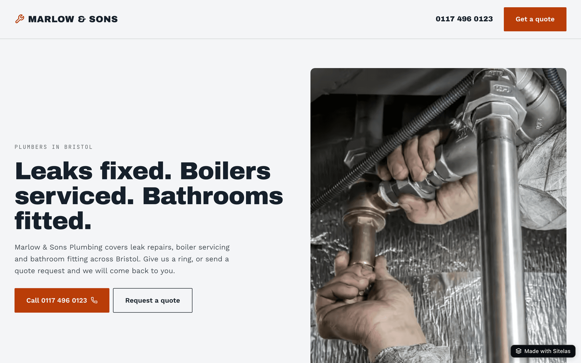 The Marlow & Sons Plumbing website: the phone number and a Get a quote button in the header, a bold headline about leaks, boilers and bathrooms, and a photo of a plumber at work.