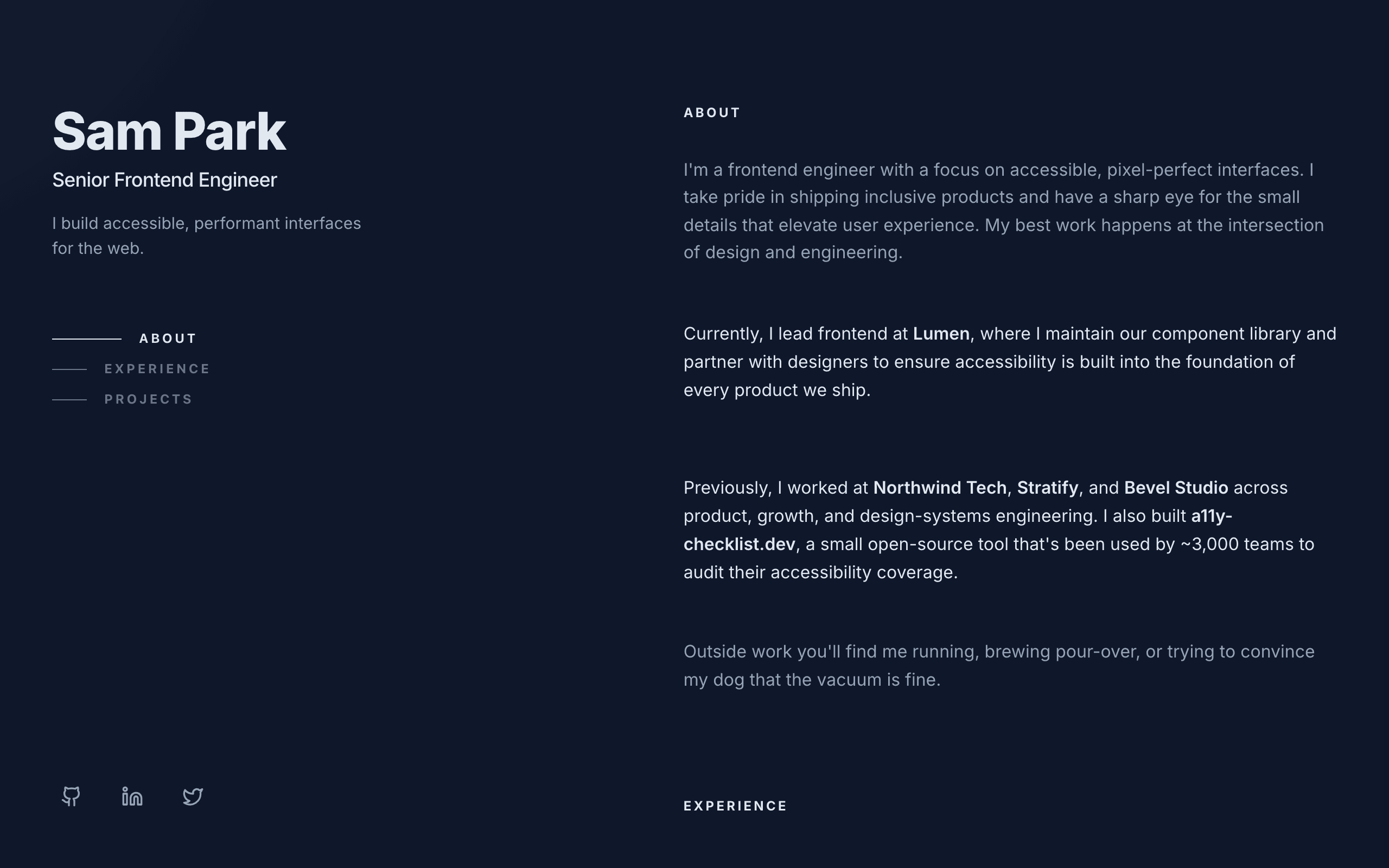 The Console software engineer portfolio template, home page