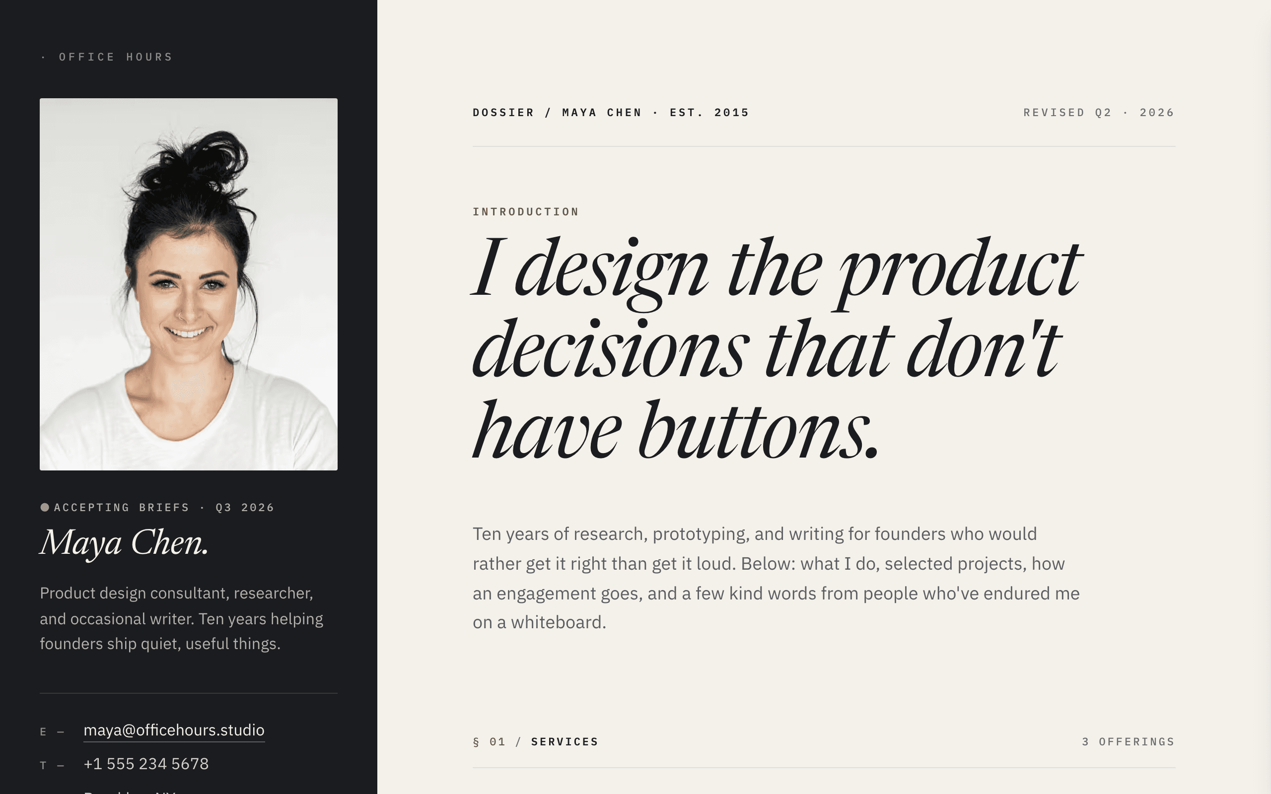 The Dossier freelance consultant website template, home page