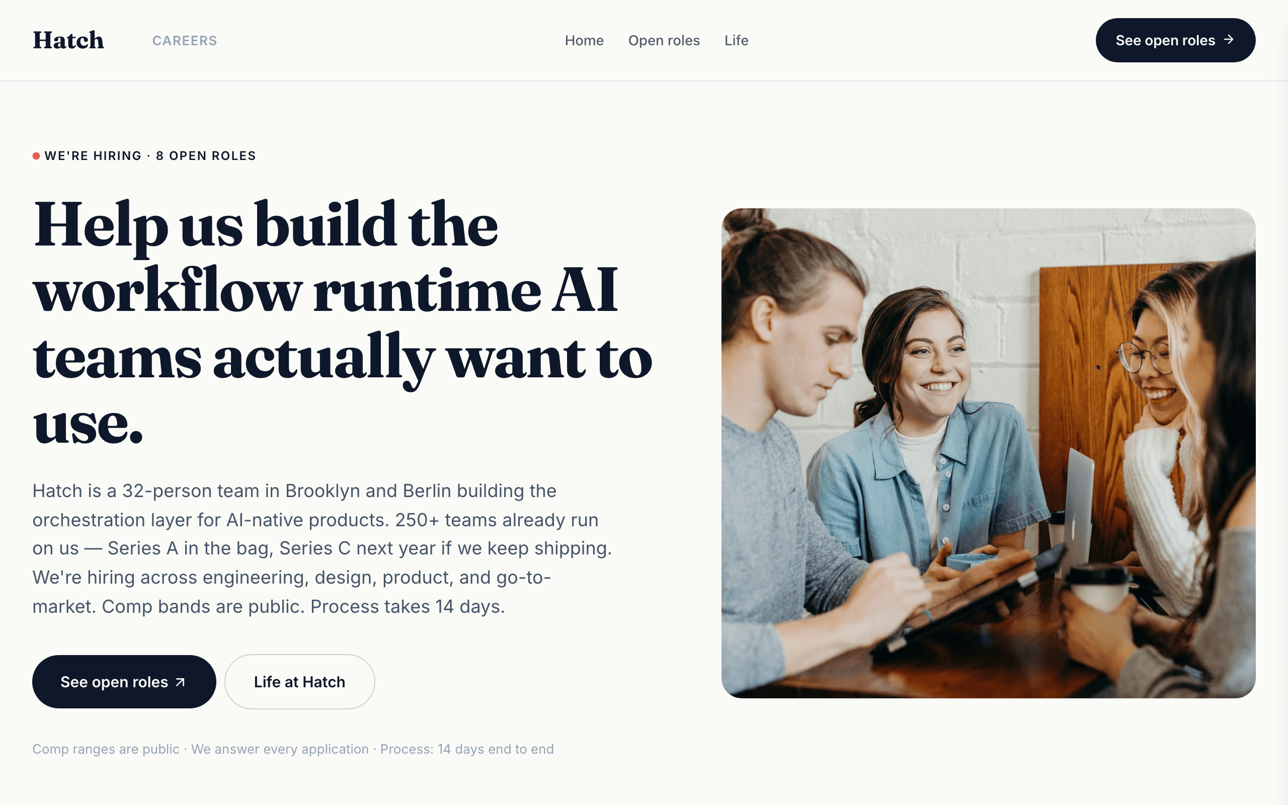 The Hatch careers page template, home page