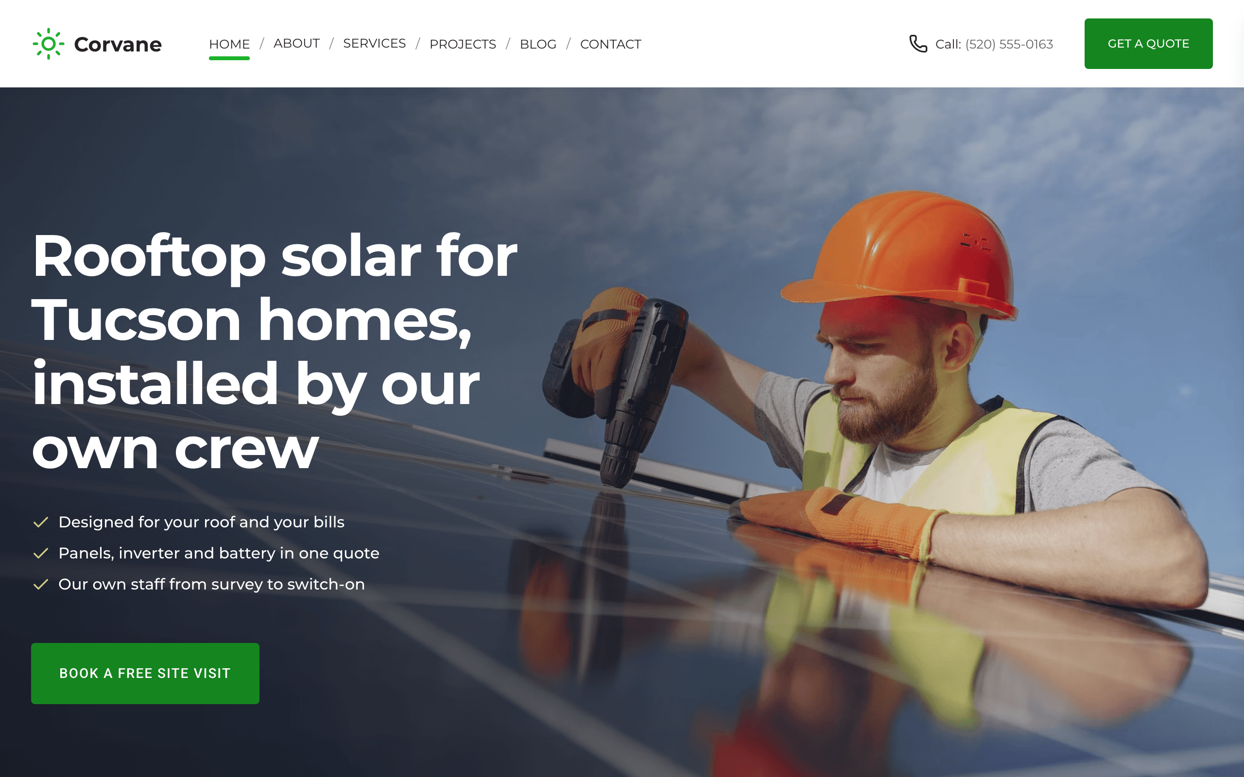 The Helio solar installer website template, home page