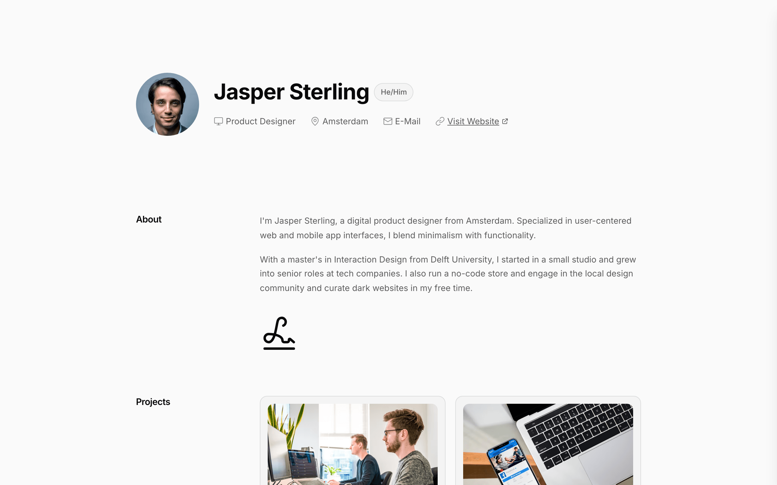 The Jasper designer resume website template, home page