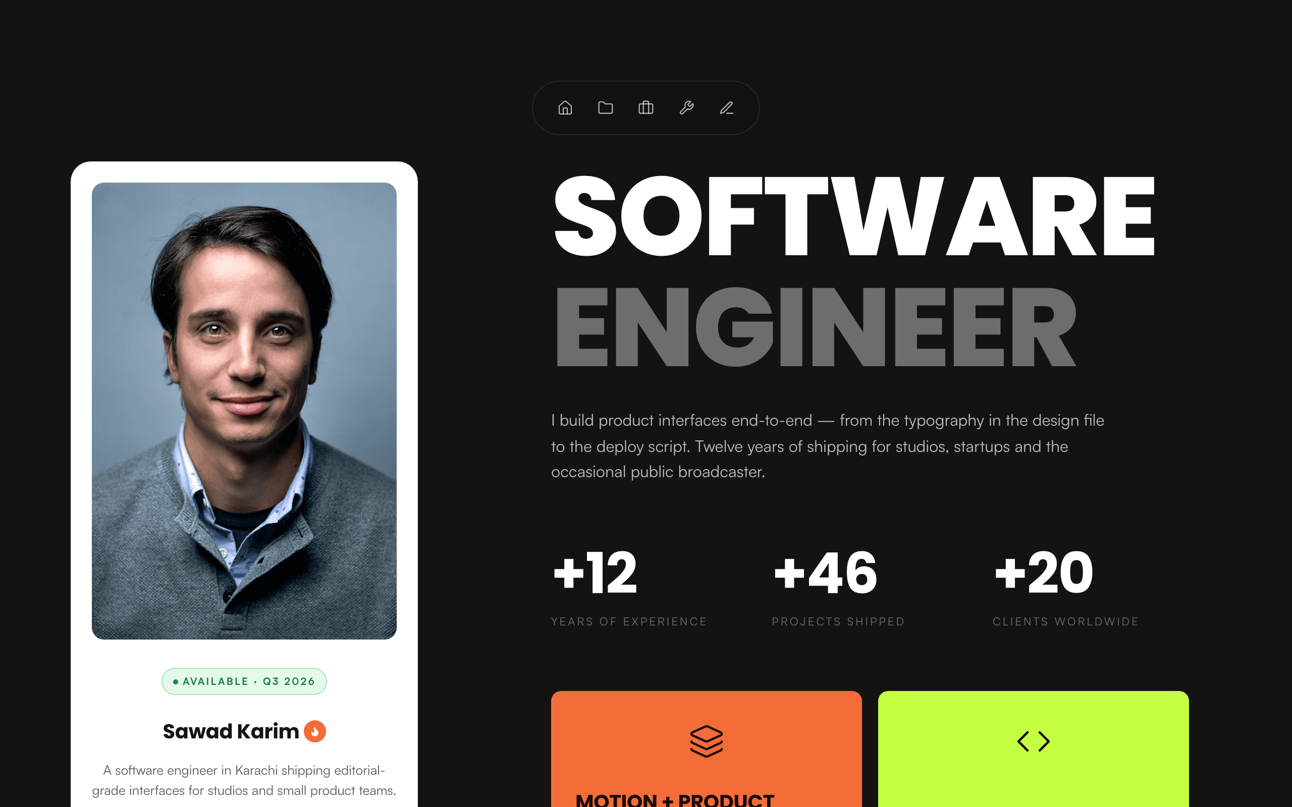 The Sawad freelance developer portfolio template, home page