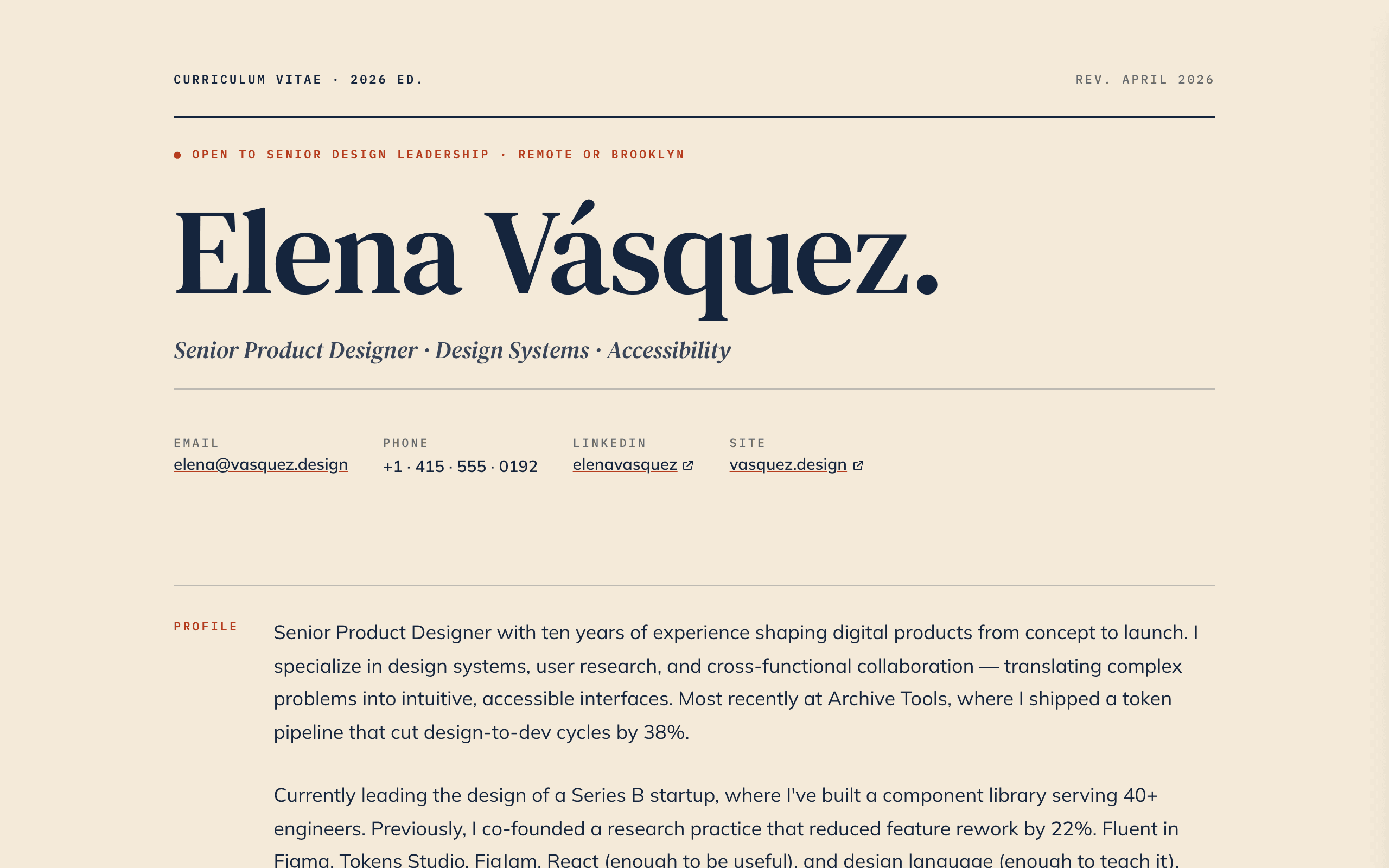 The Vitae one page cv website template, home page